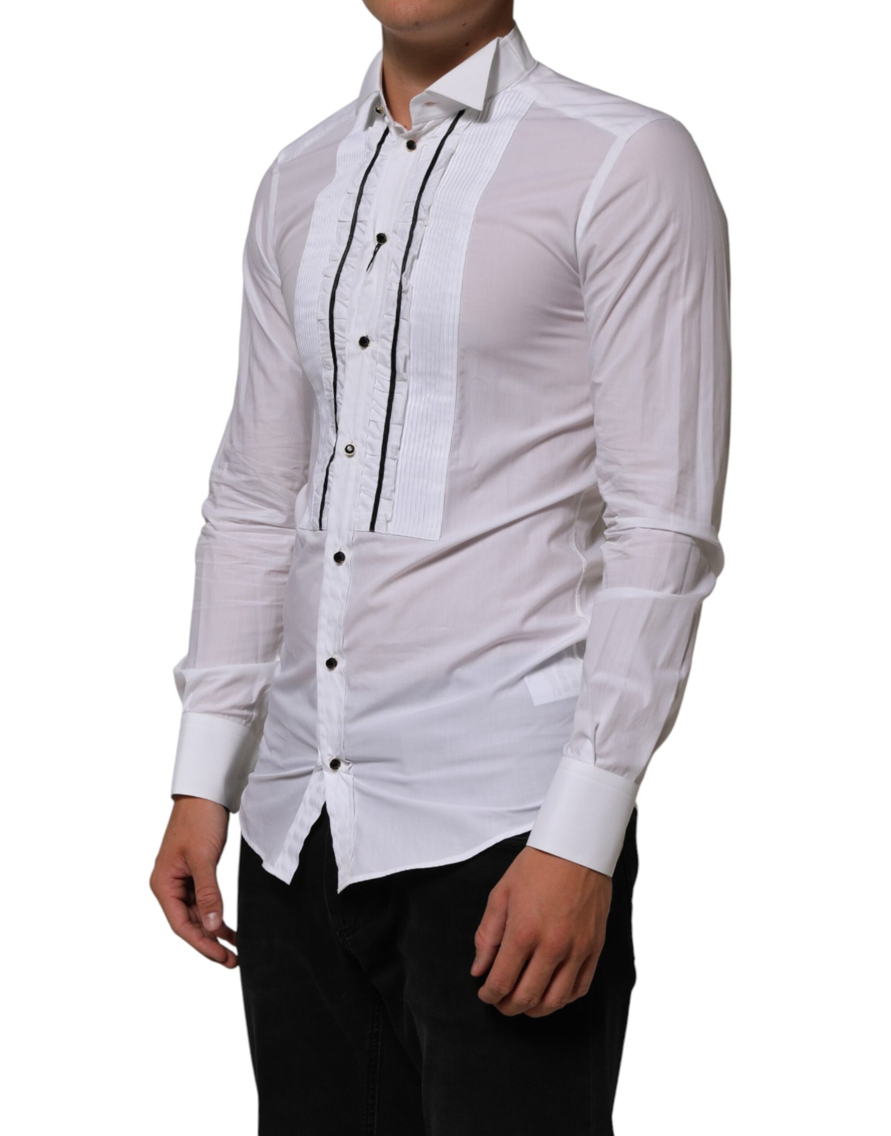 Dolce & Gabbana White Cotton Collared Long Sleeve GOLD Dress  Shirt | Regal Royce