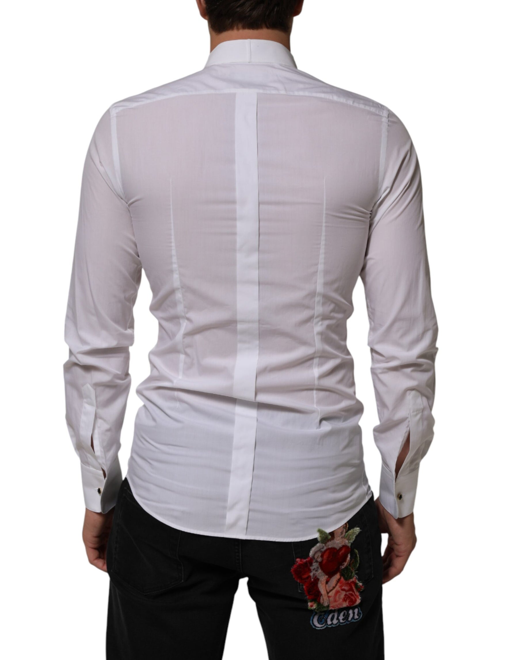 Dolce & Gabbana White Cotton Collared Long Sleeve GOLD Dress  Shirt | Regal Royce