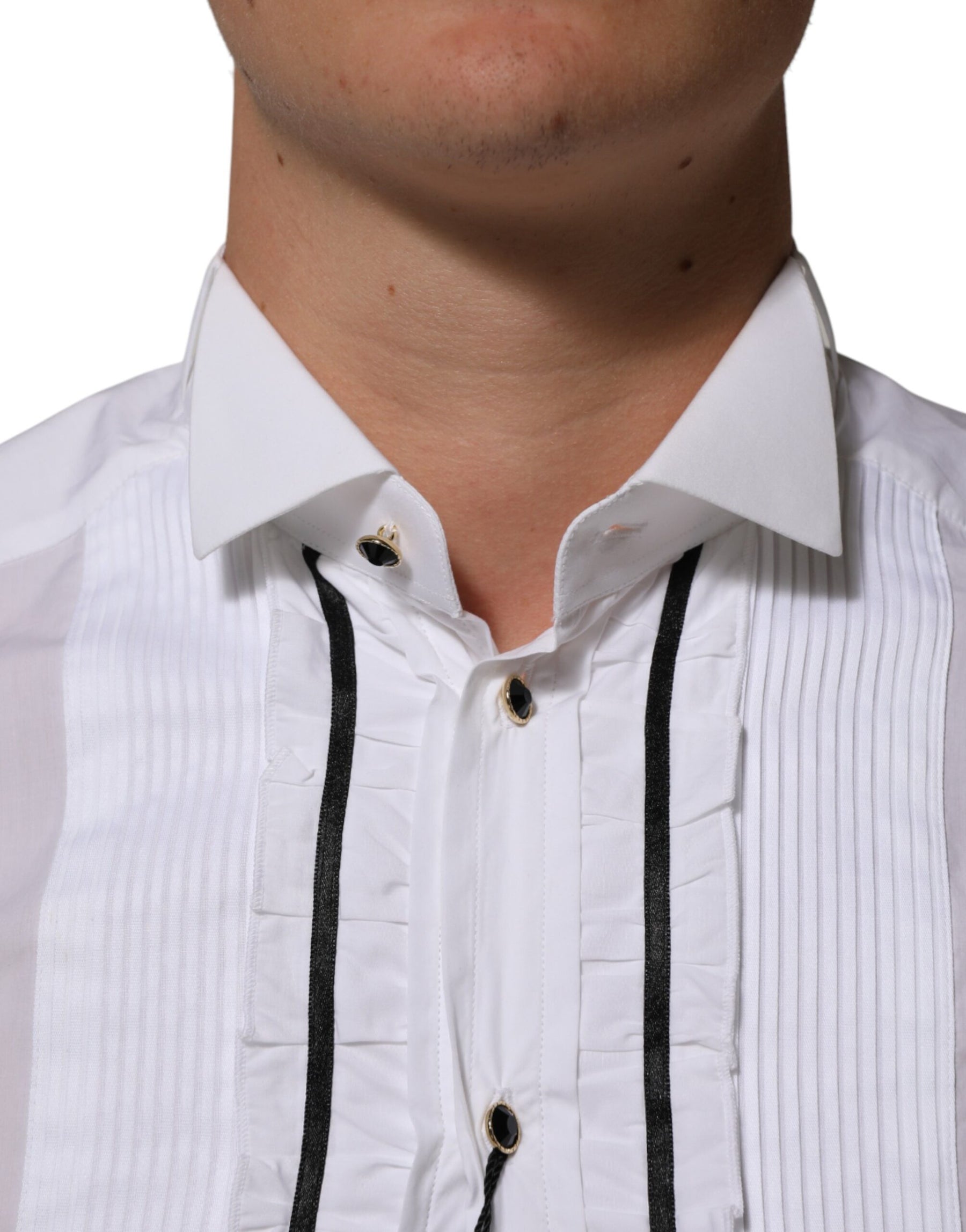 Dolce & Gabbana White Cotton Collared Long Sleeve GOLD Dress  Shirt | Regal Royce