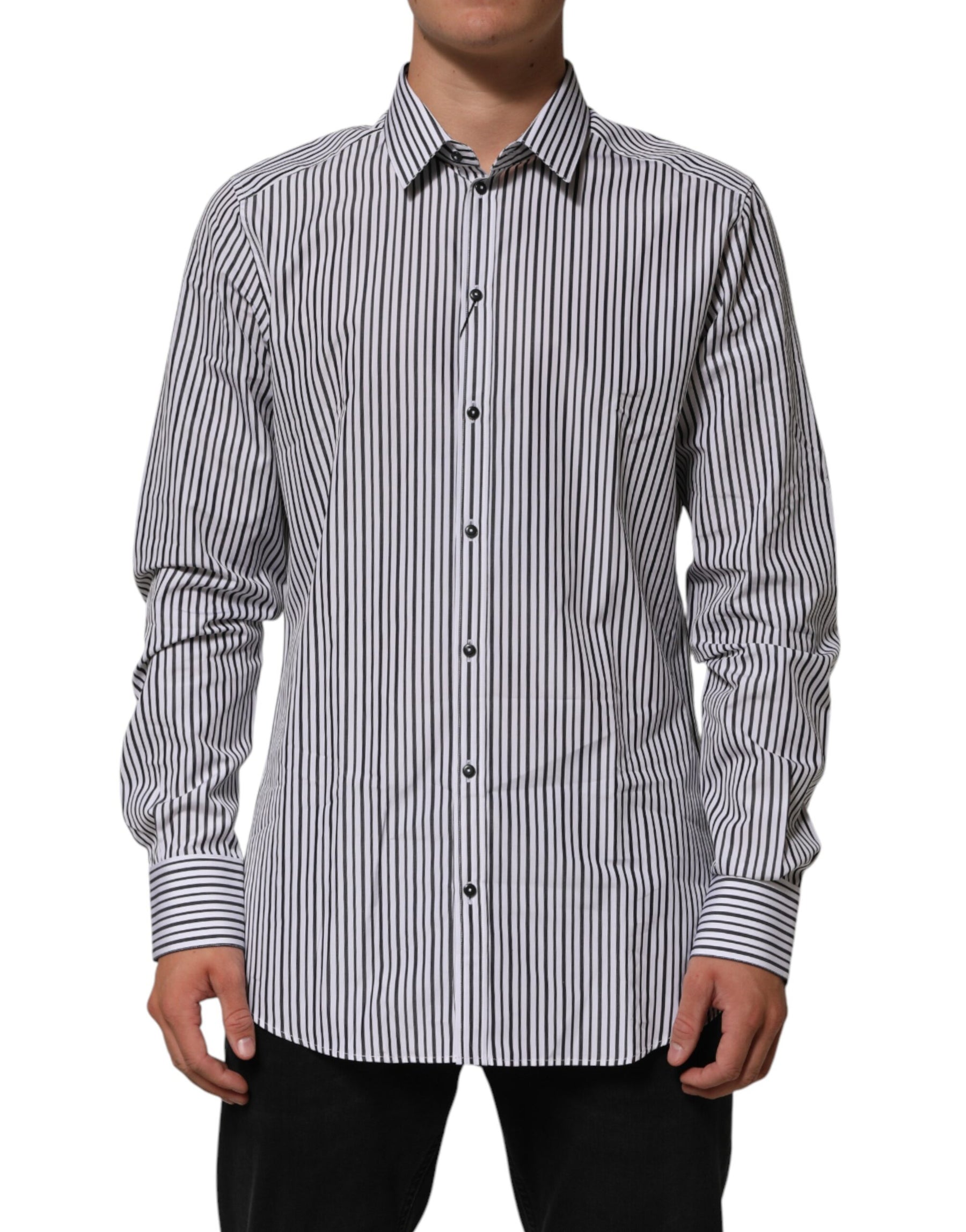 Dolce & Gabbana Black White Stripes Men GOLD Dress Shirt | Regal Royce