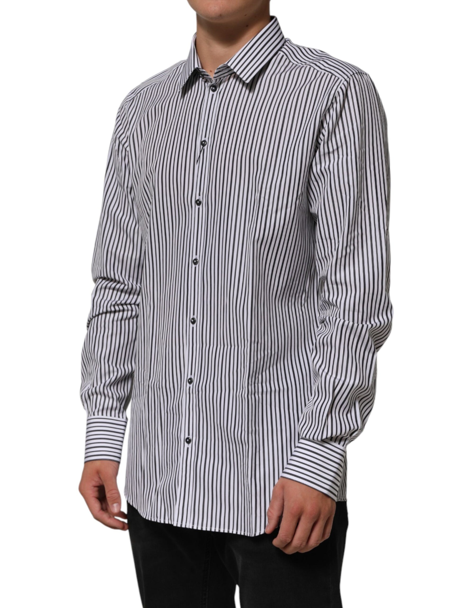 Dolce & Gabbana Black White Stripes Men GOLD Dress Shirt | Regal Royce