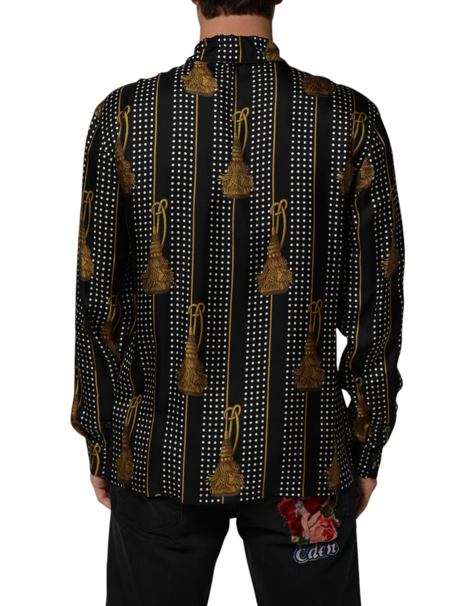 Dolce & Gabbana Black Dotted Tassel Silk Button Down Shirt | Regal Royce