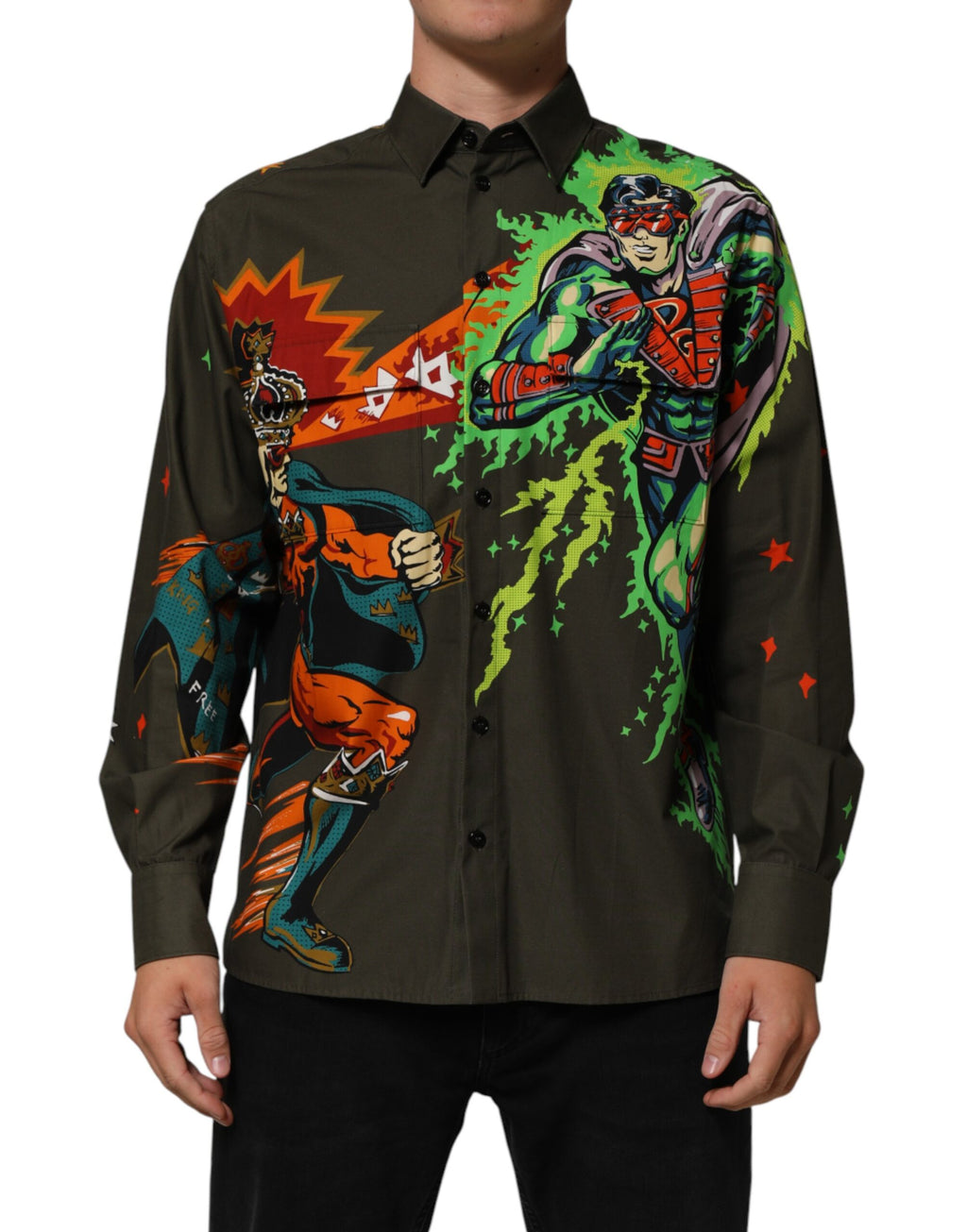 Dolce & Gabbana Brown Superhero Print Button Down Shirt