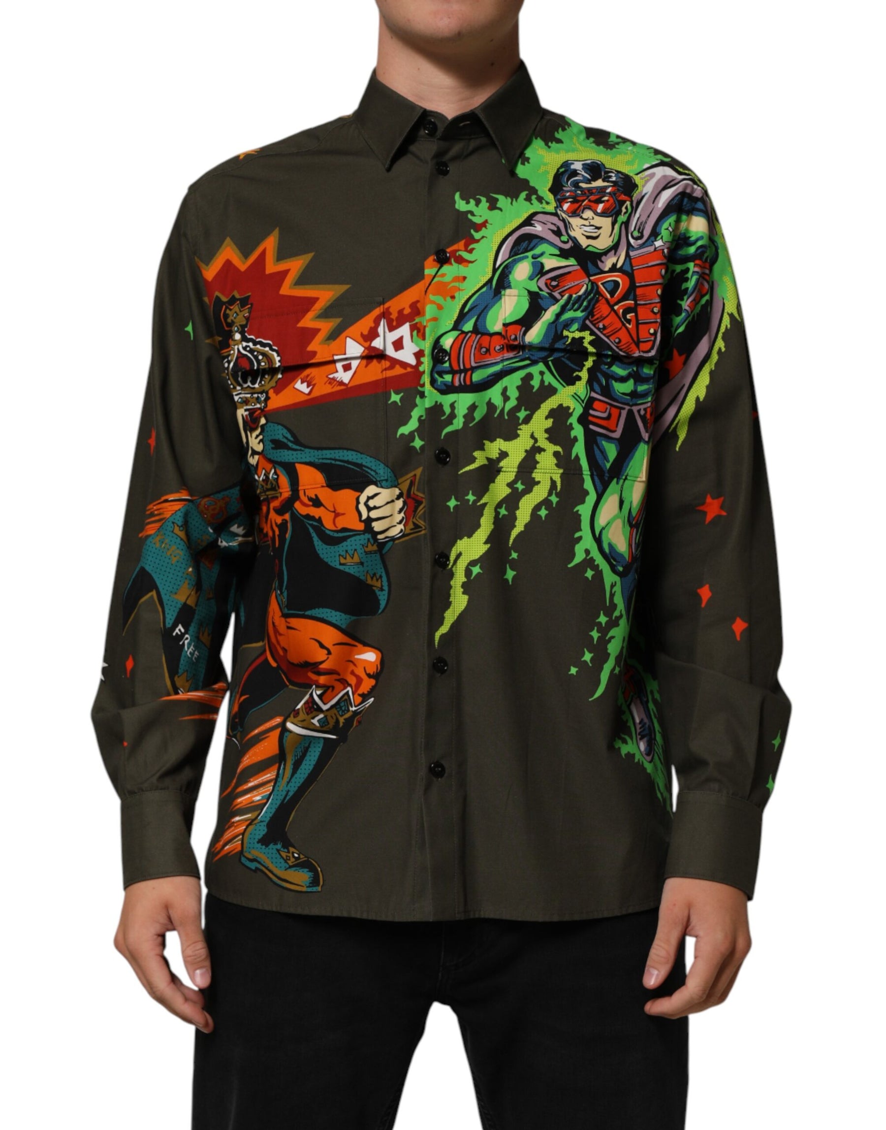 Dolce & Gabbana Brown Superhero Print Button Down Shirt | Regal Royce