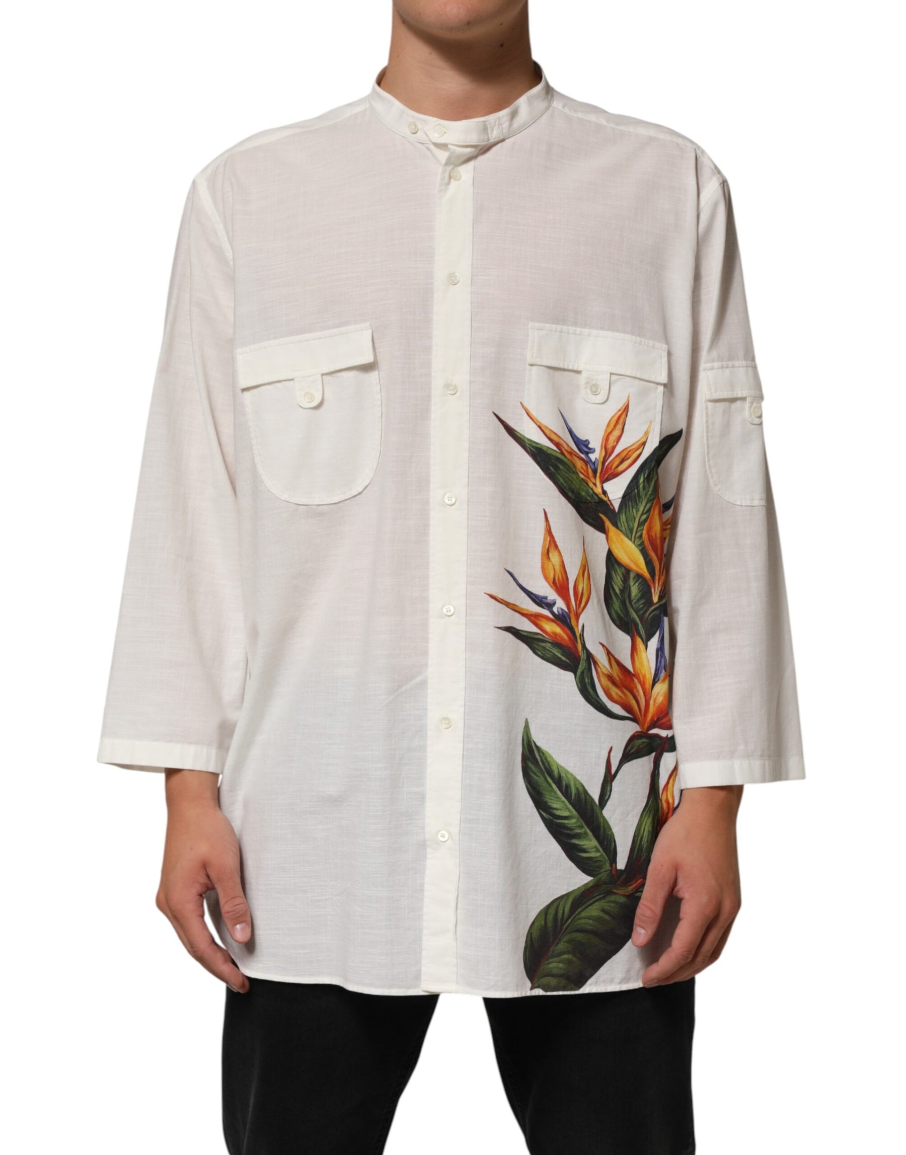 Dolce & Gabbana White Cotton Floral Print Button Down Shirt | Regal Royce
