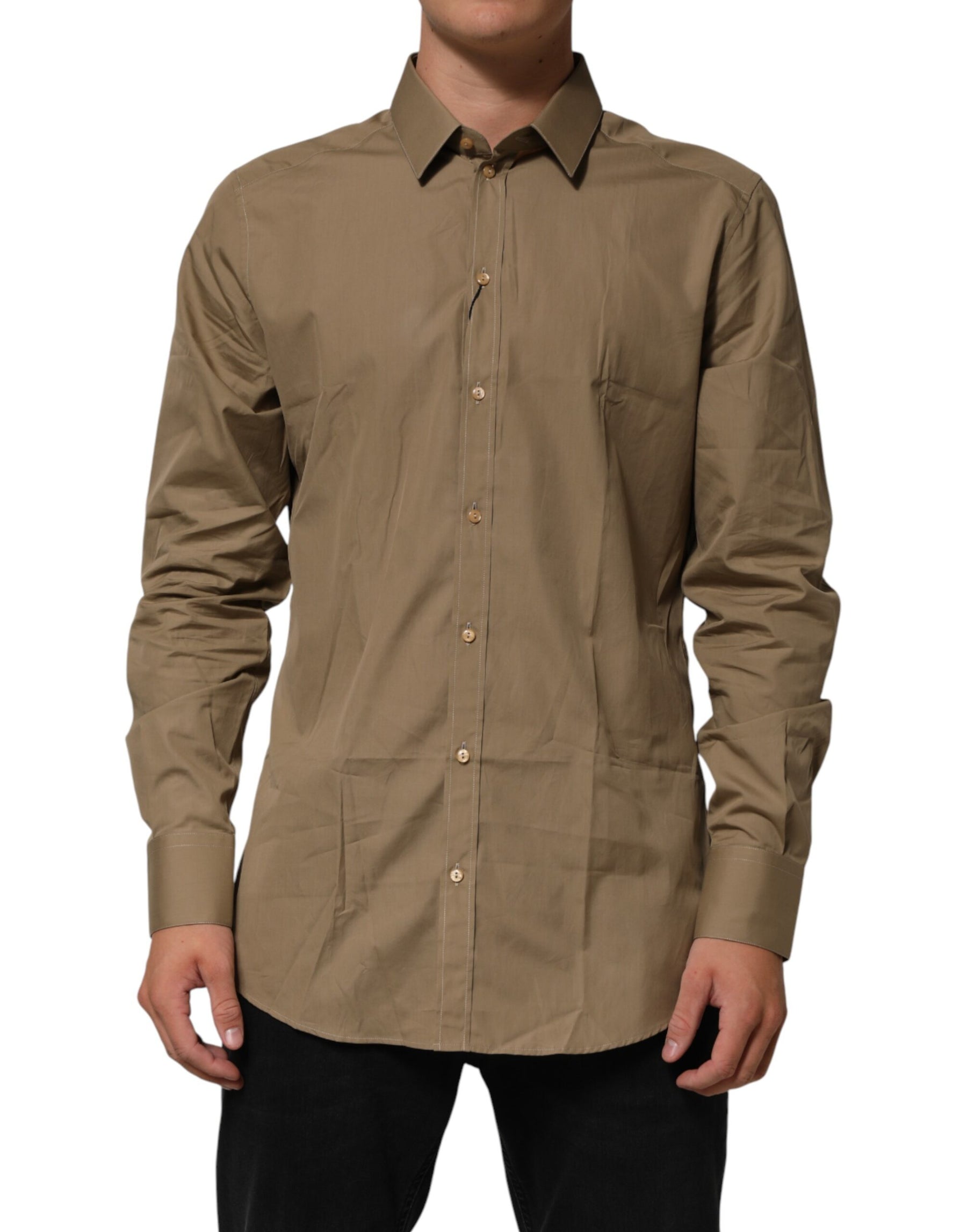 Dolce & Gabbana Brown Cotton Collared Men GOLD Dress Shirt | Regal Royce