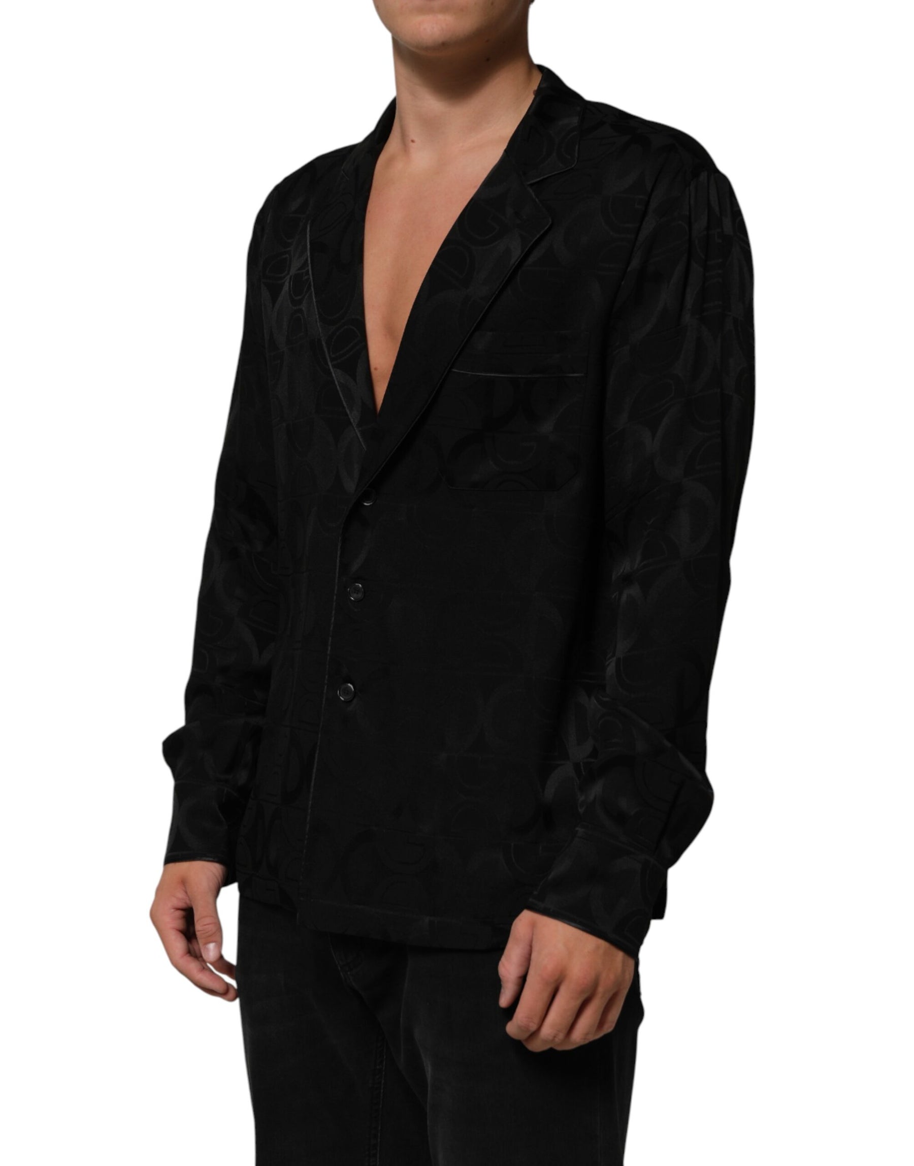 Dolce & Gabbana Black DG Logo Silk Men Long Sleeves Shirt | Regal Royce