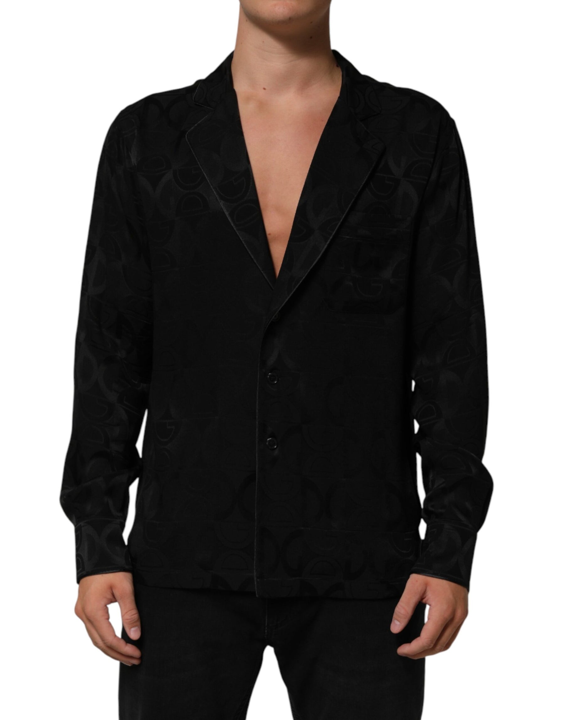 Dolce & Gabbana Black DG Logo Silk Men Long Sleeves Shirt | Regal Royce