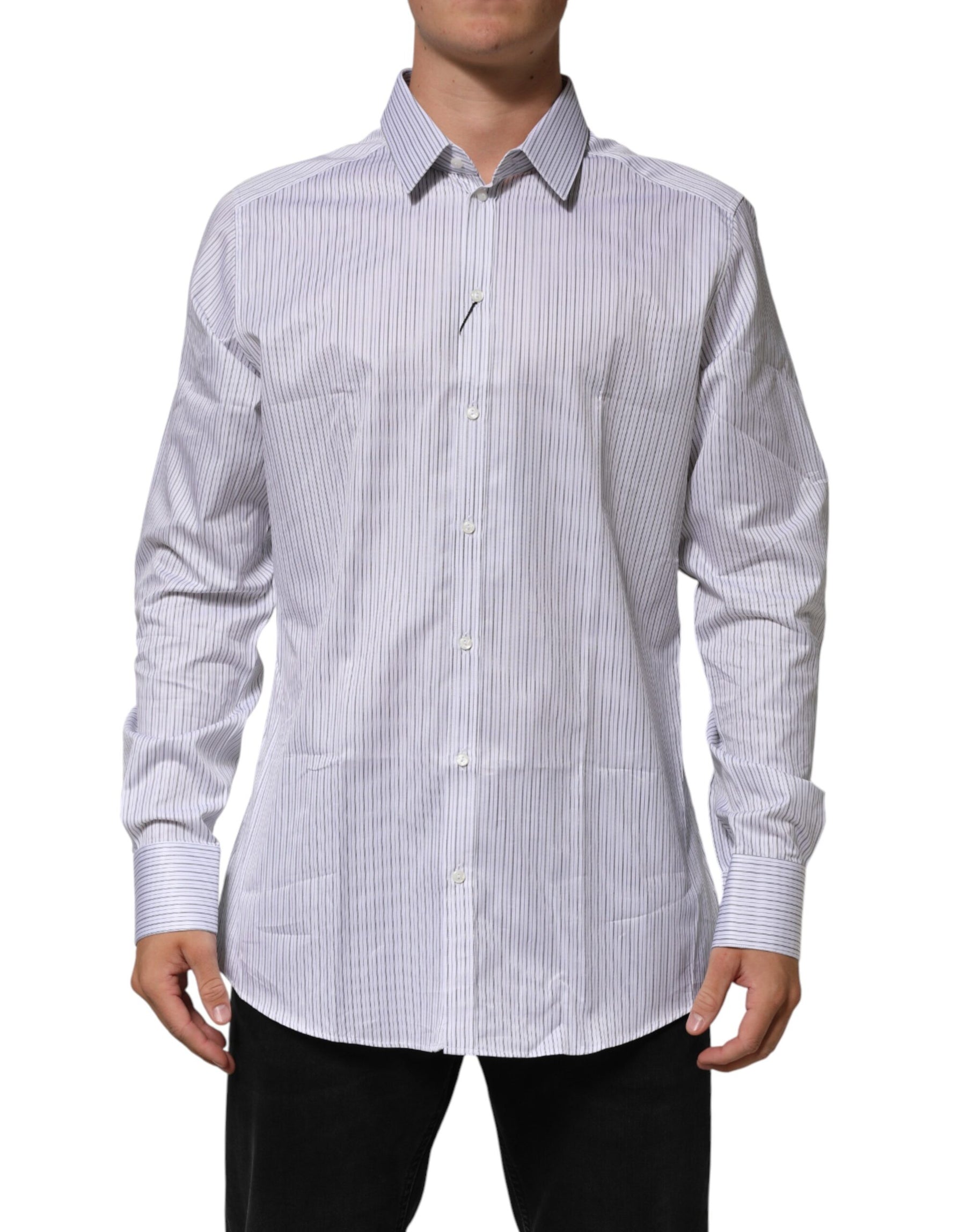 Dolce & Gabbana White Stripes Cotton Men GOLD Dress Shirt | Regal Royce