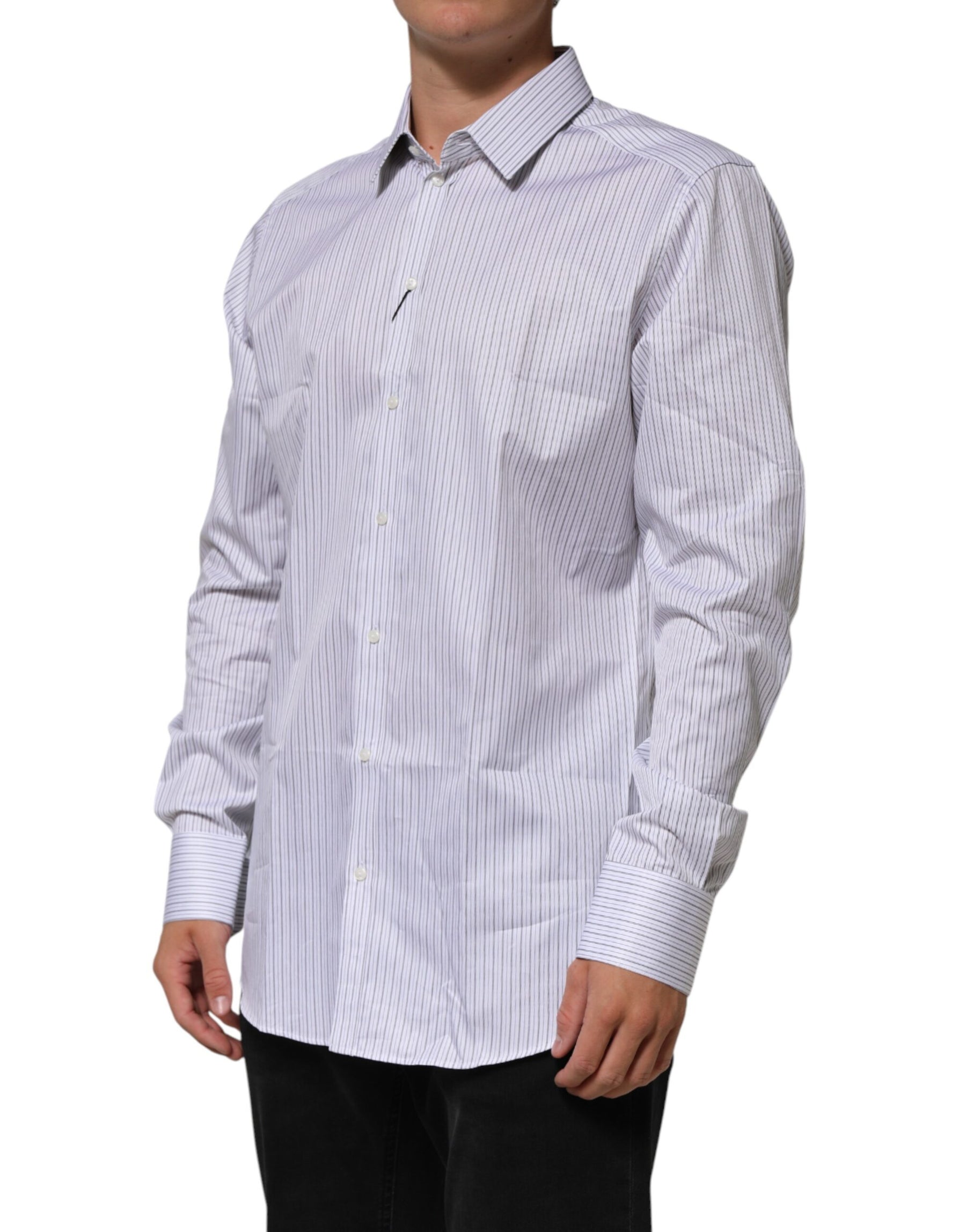 Dolce & Gabbana White Stripes Long Sleeves GOLD Dress Shirt | Regal Royce