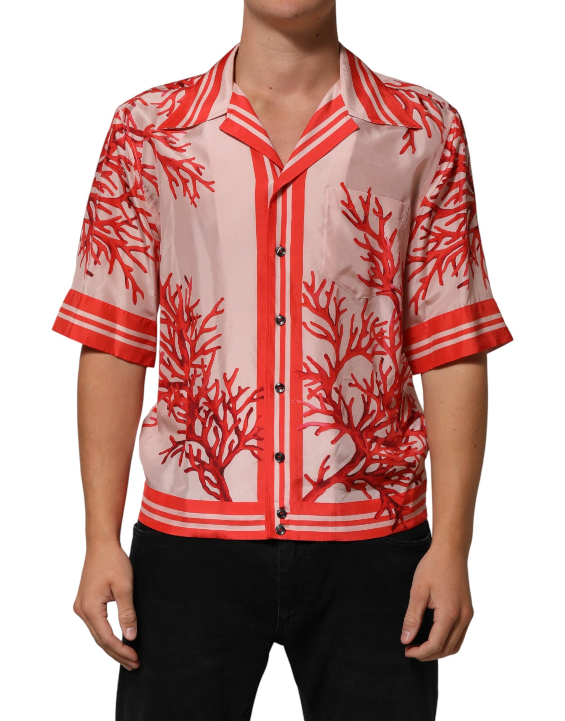 Dolce & Gabbana Shirt Red Corals Short Sleeves Button Down | Regal Royce