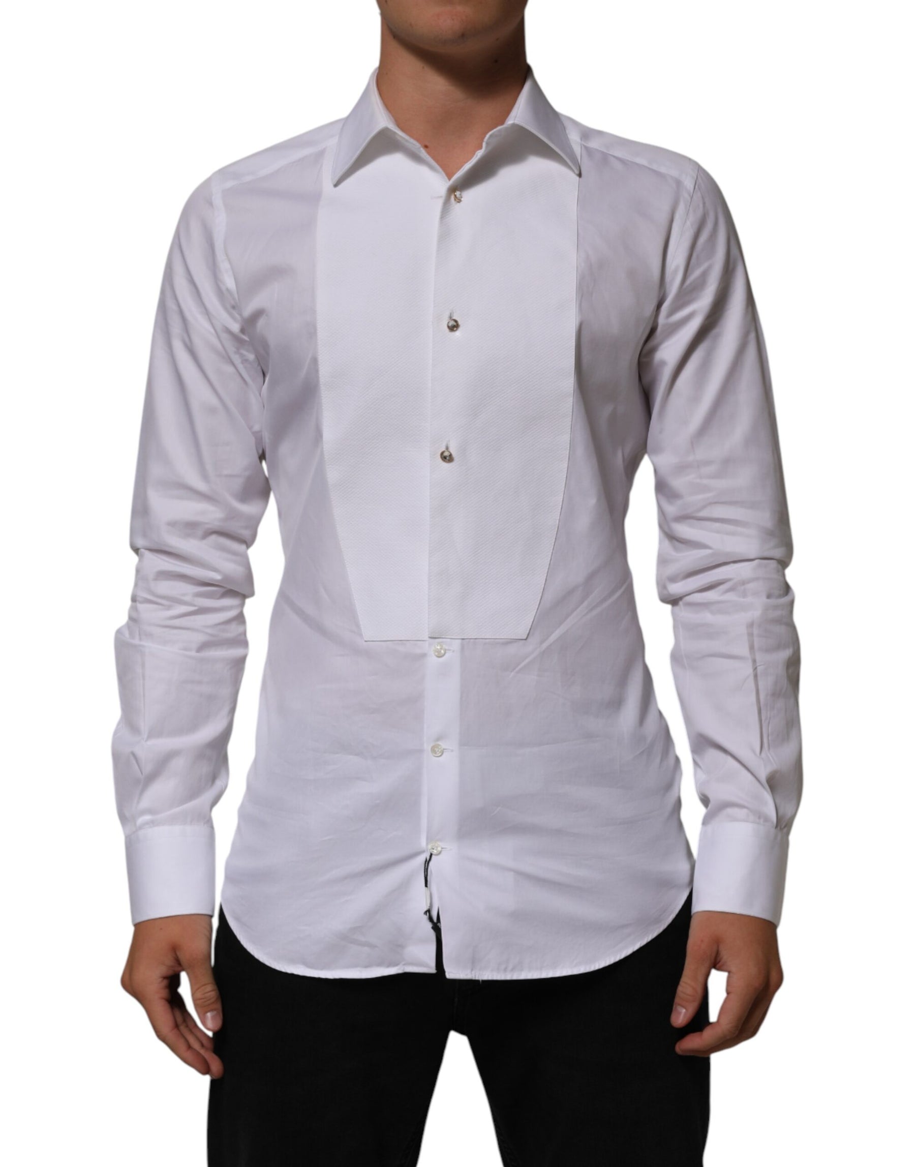Dolce & Gabbana White Cotton Collared Bib GOLD Dress Shirt | Regal Royce