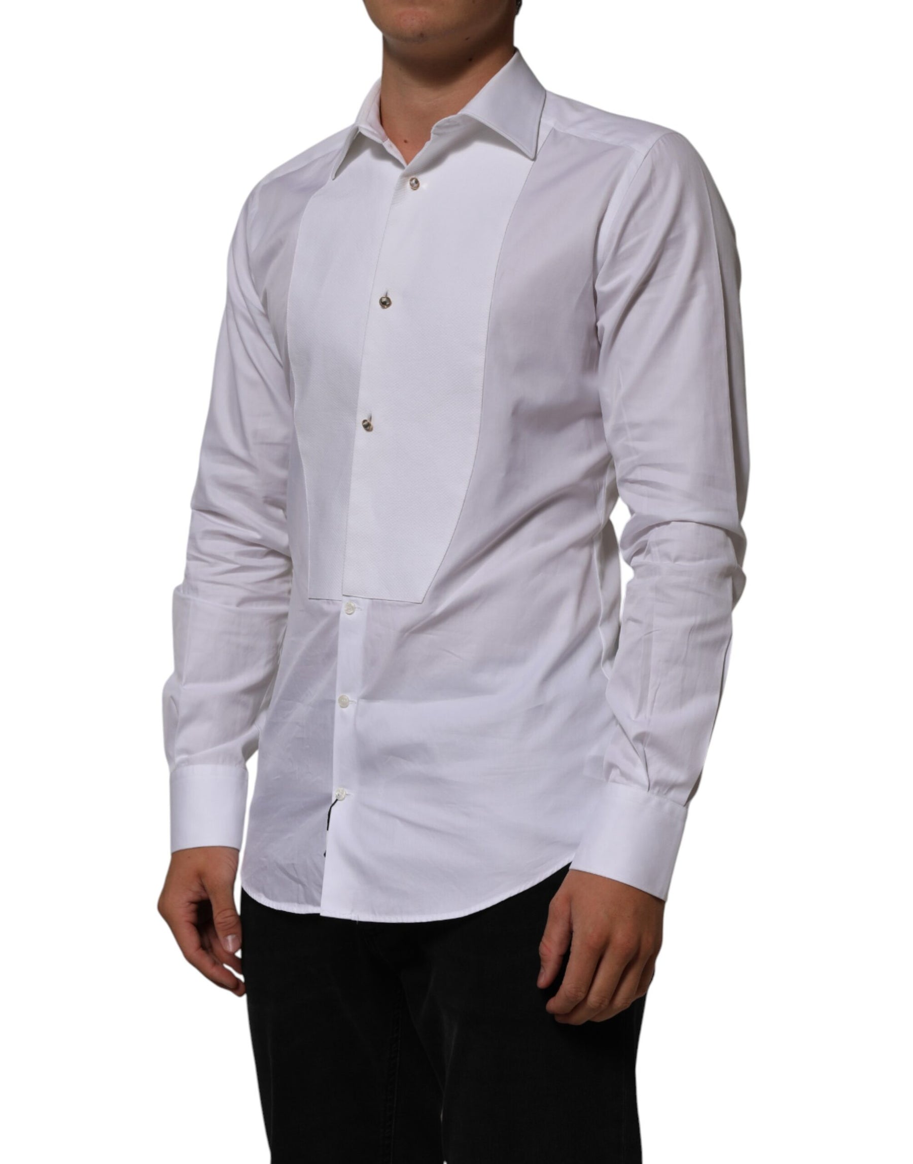 Dolce & Gabbana White Cotton Collared Bib GOLD Dress Shirt | Regal Royce