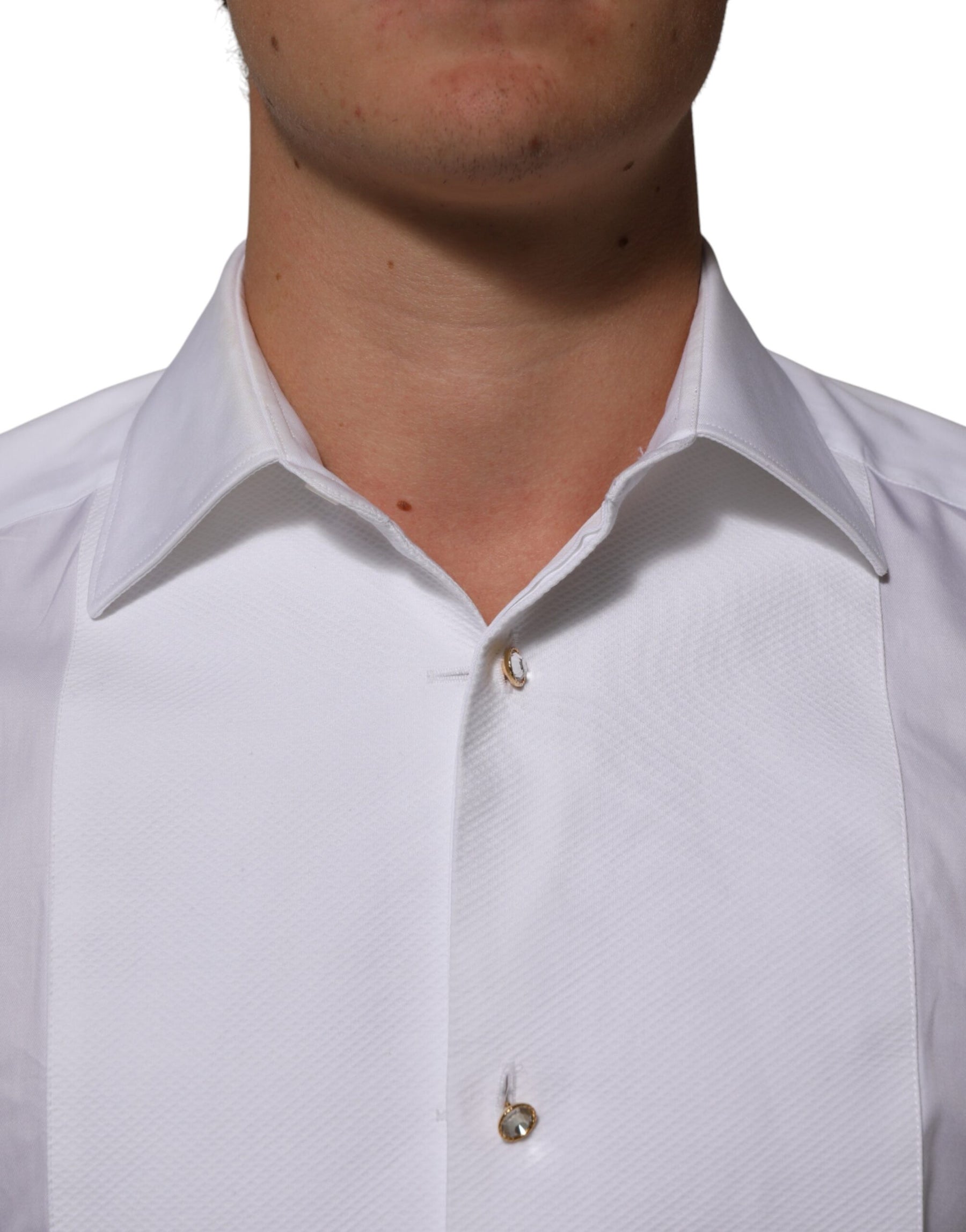 Dolce & Gabbana White Cotton Collared Bib GOLD Dress Shirt | Regal Royce