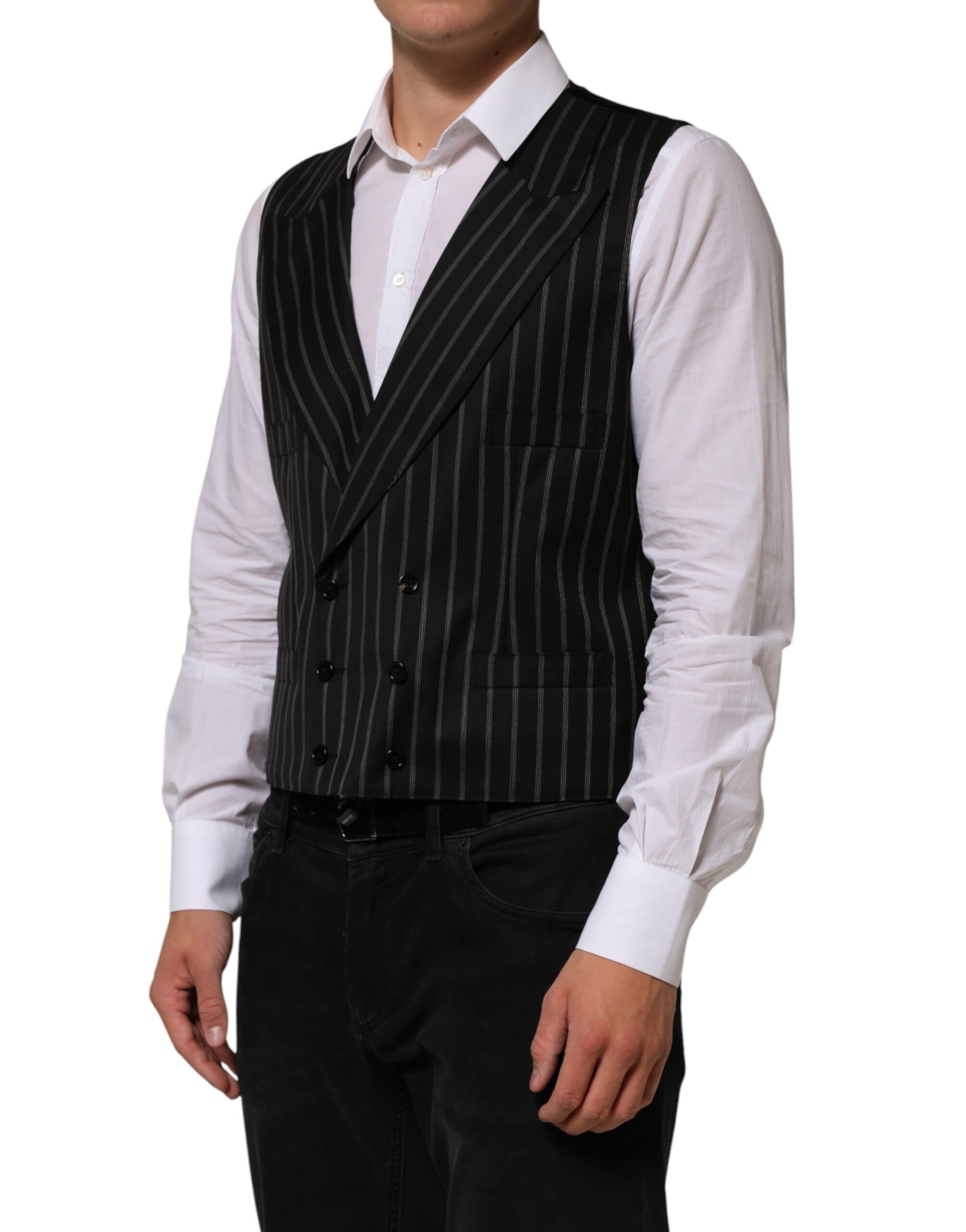 Dolce & Gabbana Black Stripes Wool Dress Men Waistcoat Vest | Regal Royce