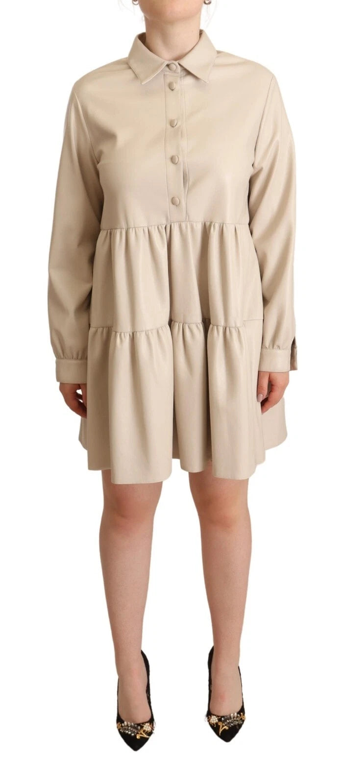 Jucca Leather Beige Long Sleeves Collared A-line Mini  Dress | Regal Royce