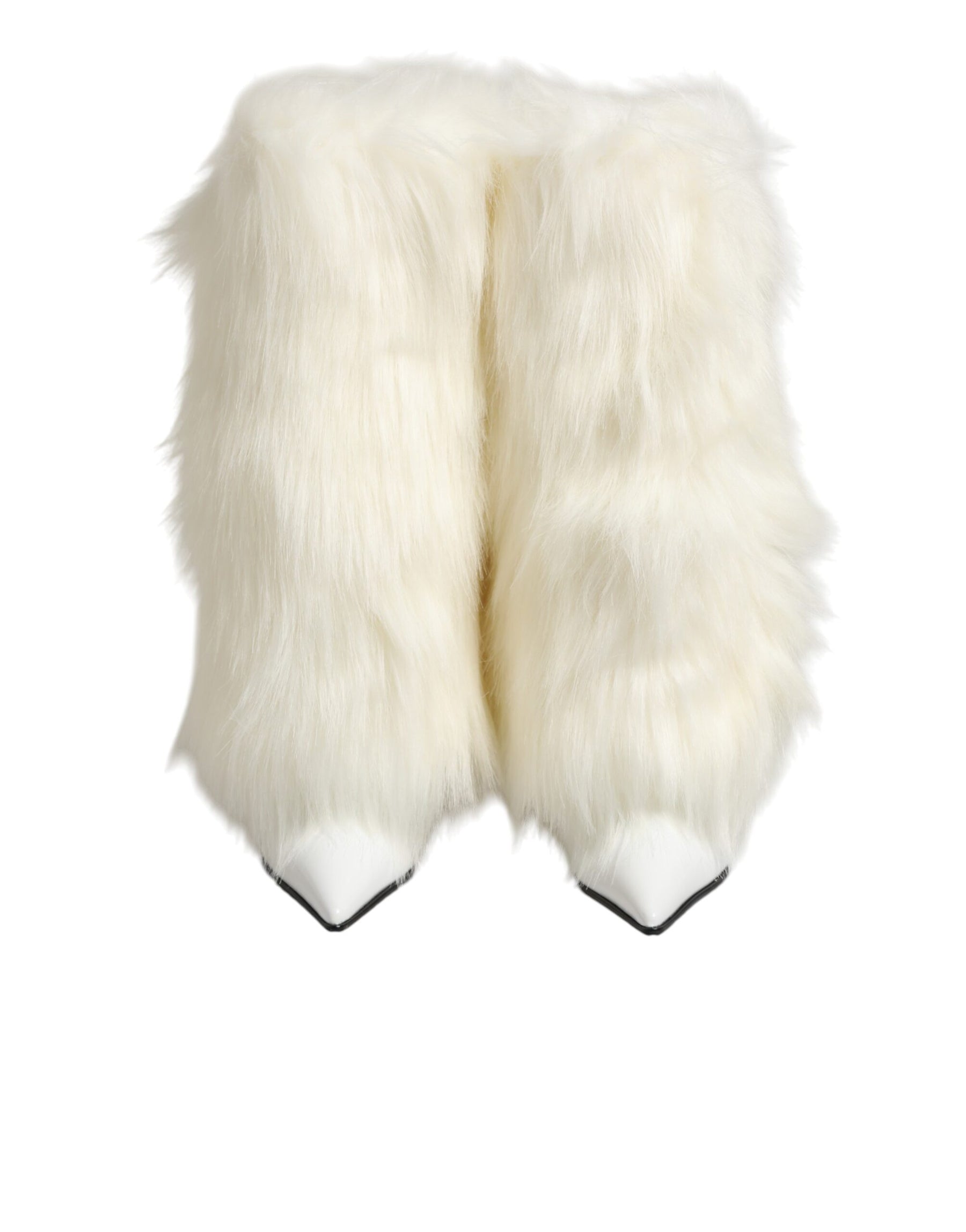 Dolce & Gabbana White Fur Pointed Knee High Stiletto Boots Shoes | Regal Royce