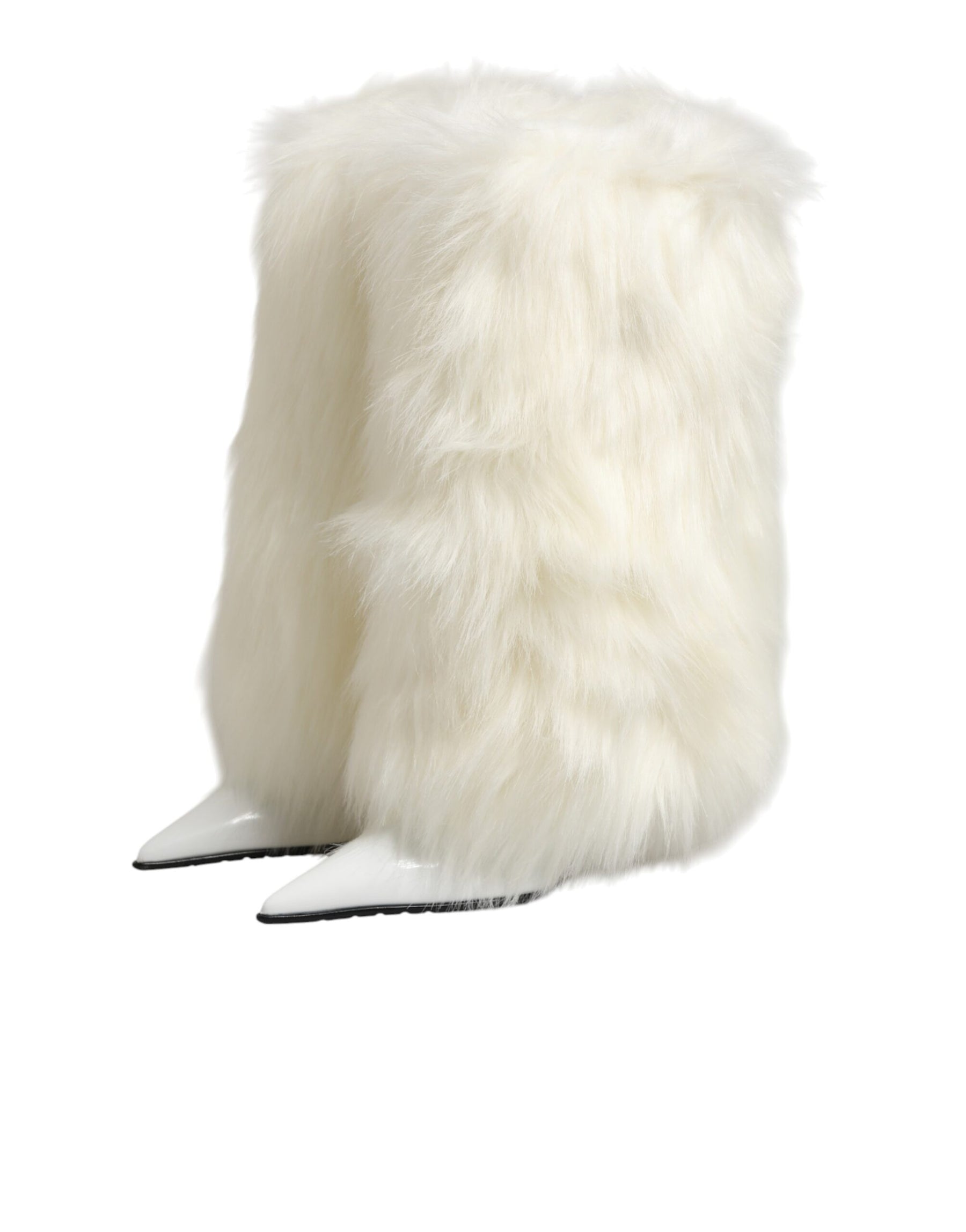 Dolce & Gabbana White Fur Pointed Knee High Stiletto Boots Shoes | Regal Royce