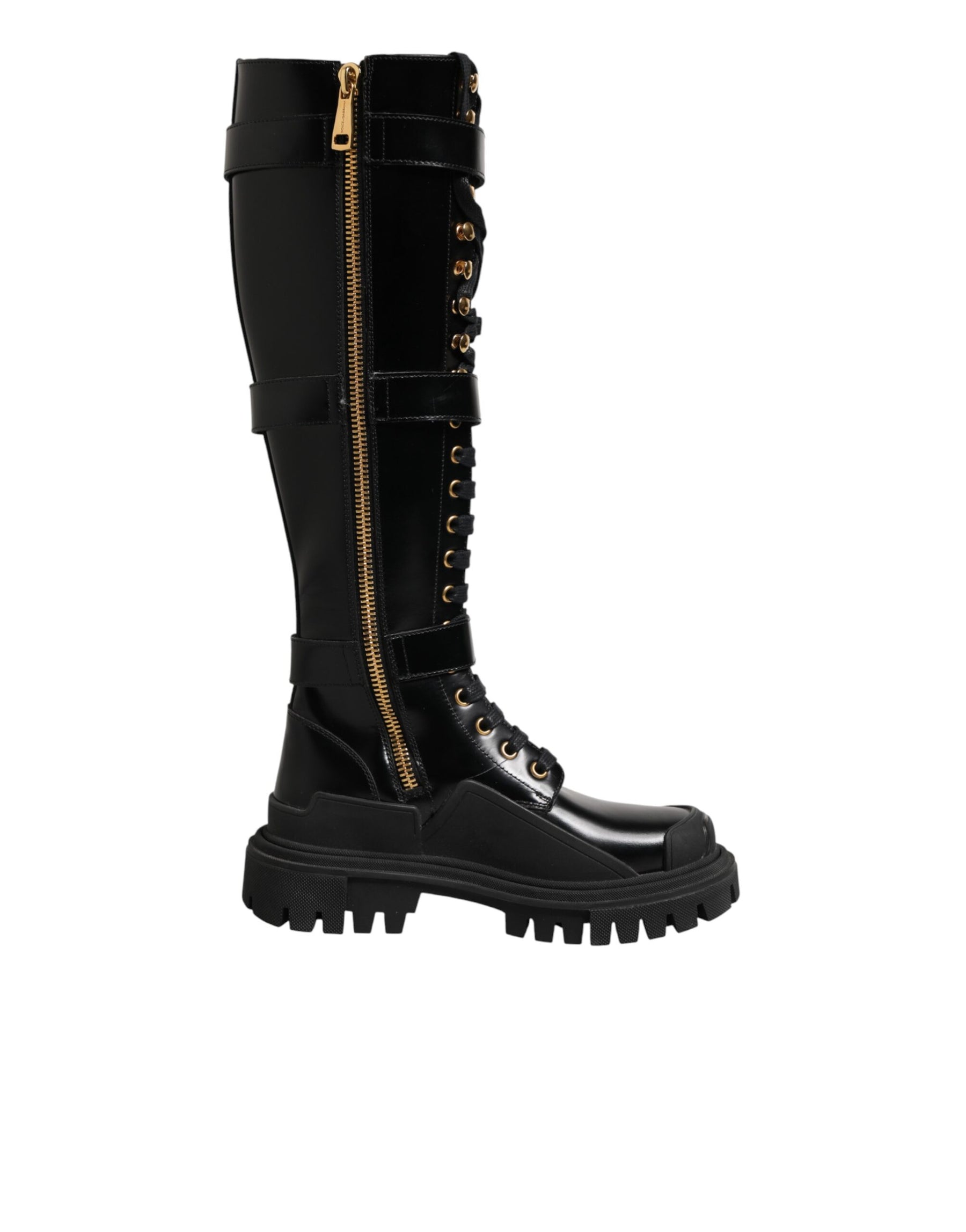 Dolce & Gabbana Black Buckle Embellished Knee High Boots Shoes | Regal Royce
