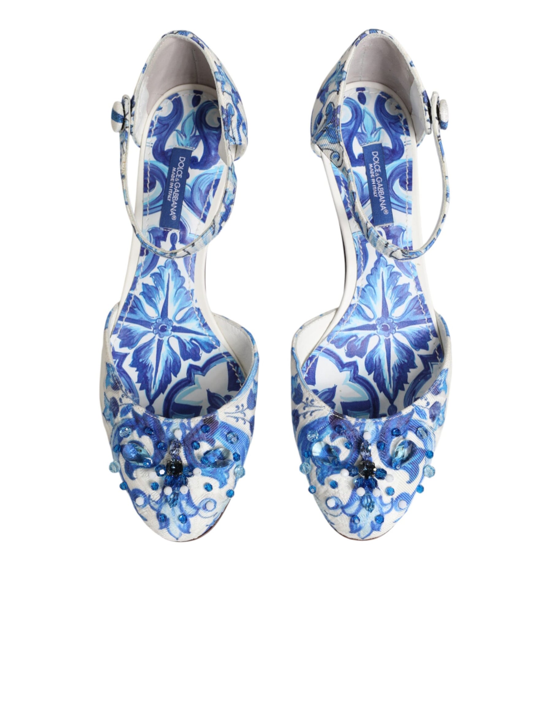 Dolce & Gabbana White Blue Floral Crystal Ankle Straps Shoes | Regal Royce