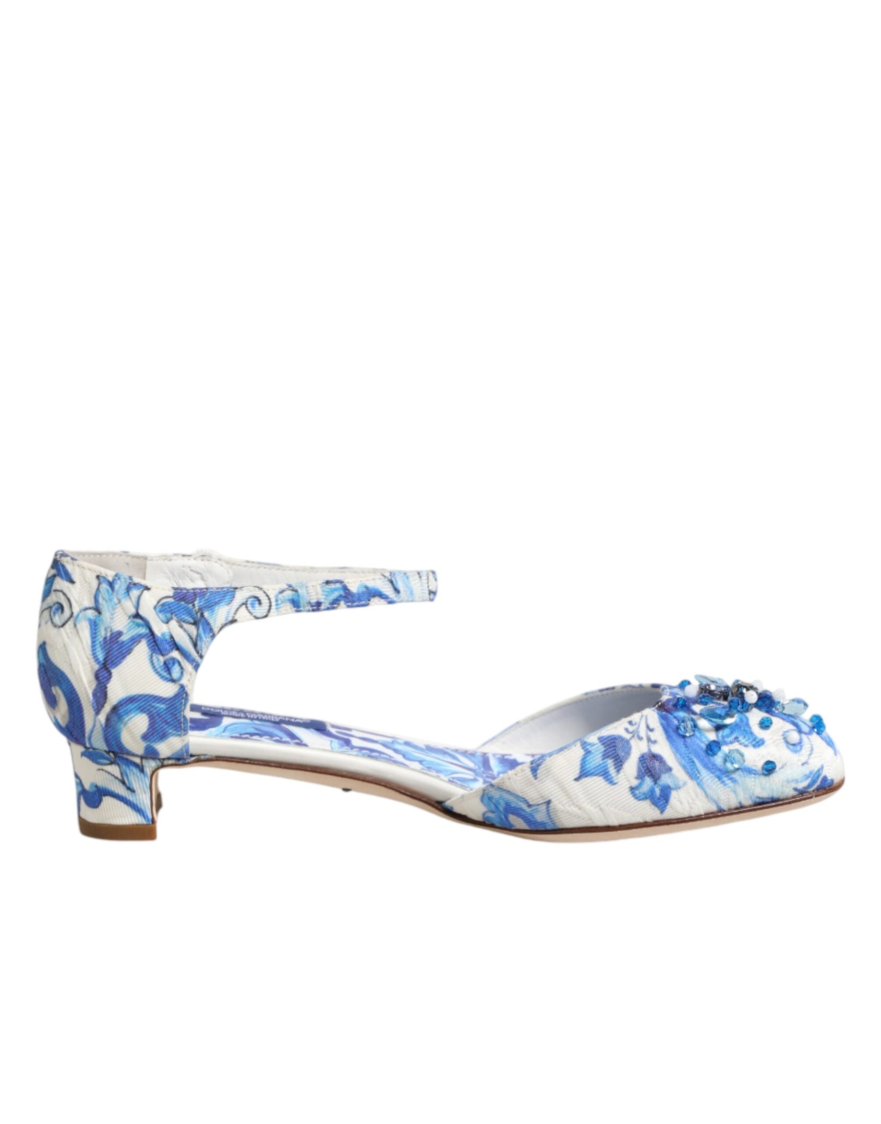 Dolce & Gabbana White Blue Floral Crystal Ankle Straps Shoes | Regal Royce