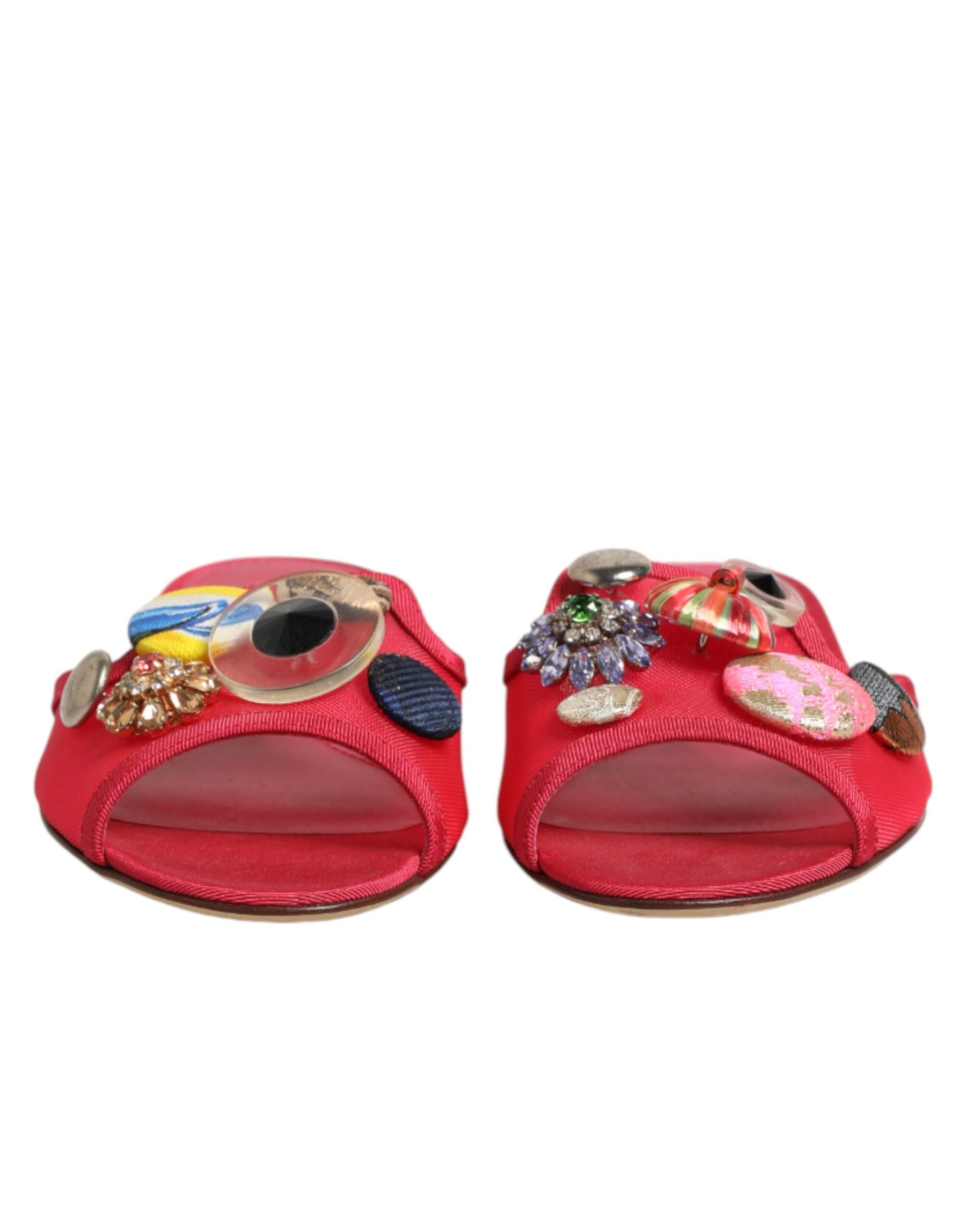 Dolce & Gabbana Red Embellished Flats Slip On Sandals Shoes | Regal Royce