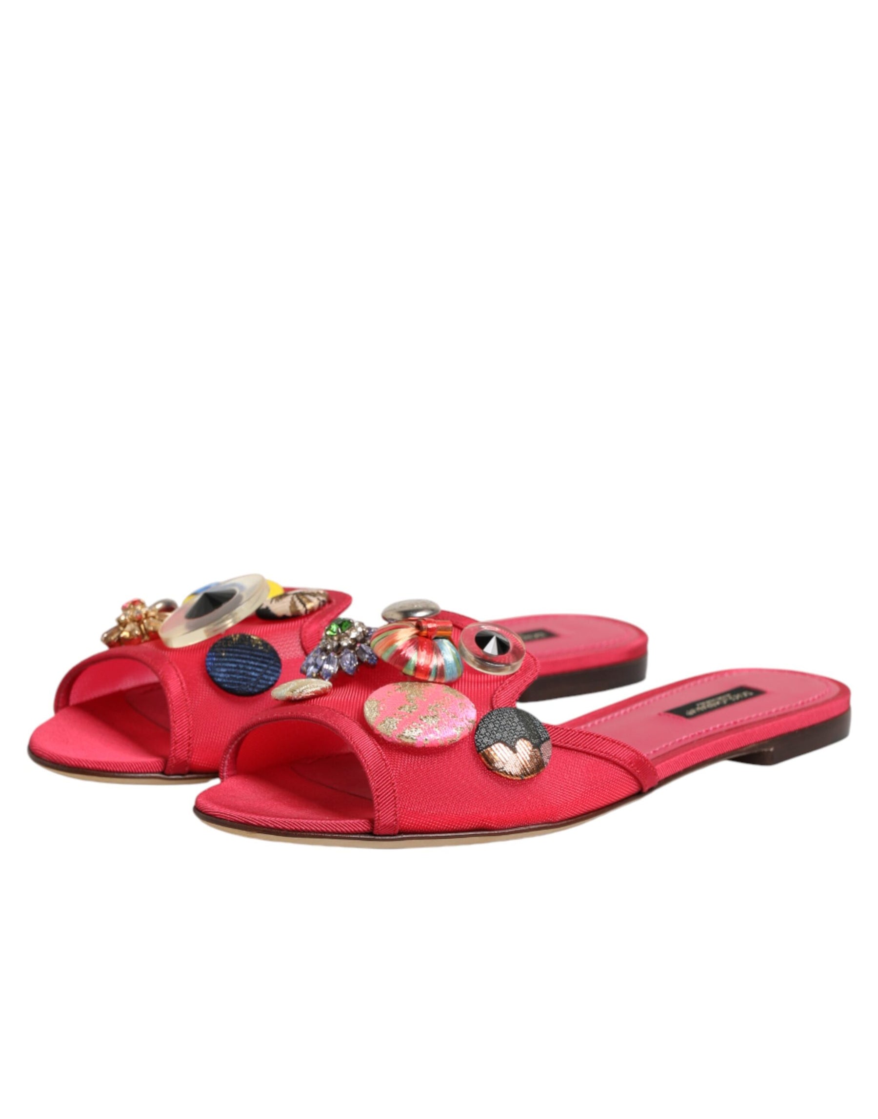 Dolce & Gabbana Red Embellished Flats Slip On Sandals Shoes | Regal Royce