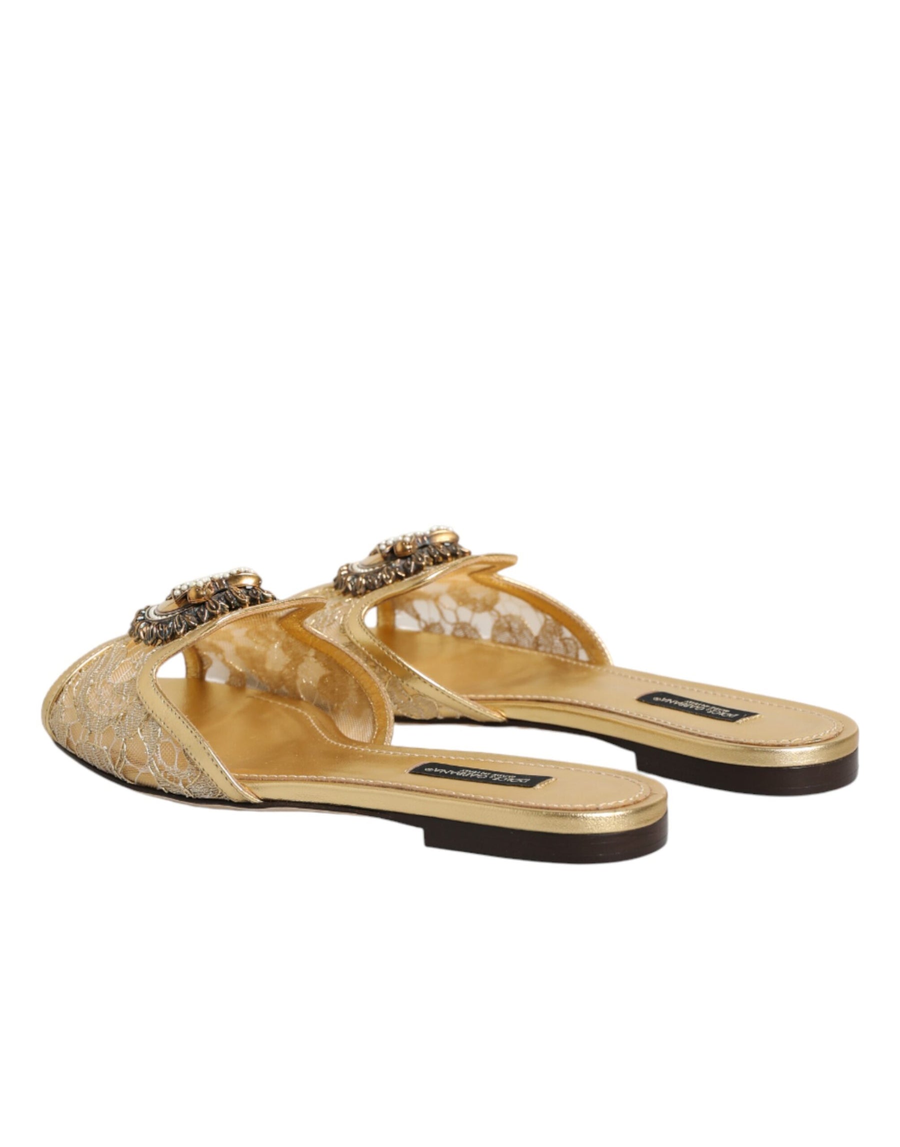 Dolce & Gabbana Gold Devotion Lace Flats Slip On Sandals Shoes | Regal Royce