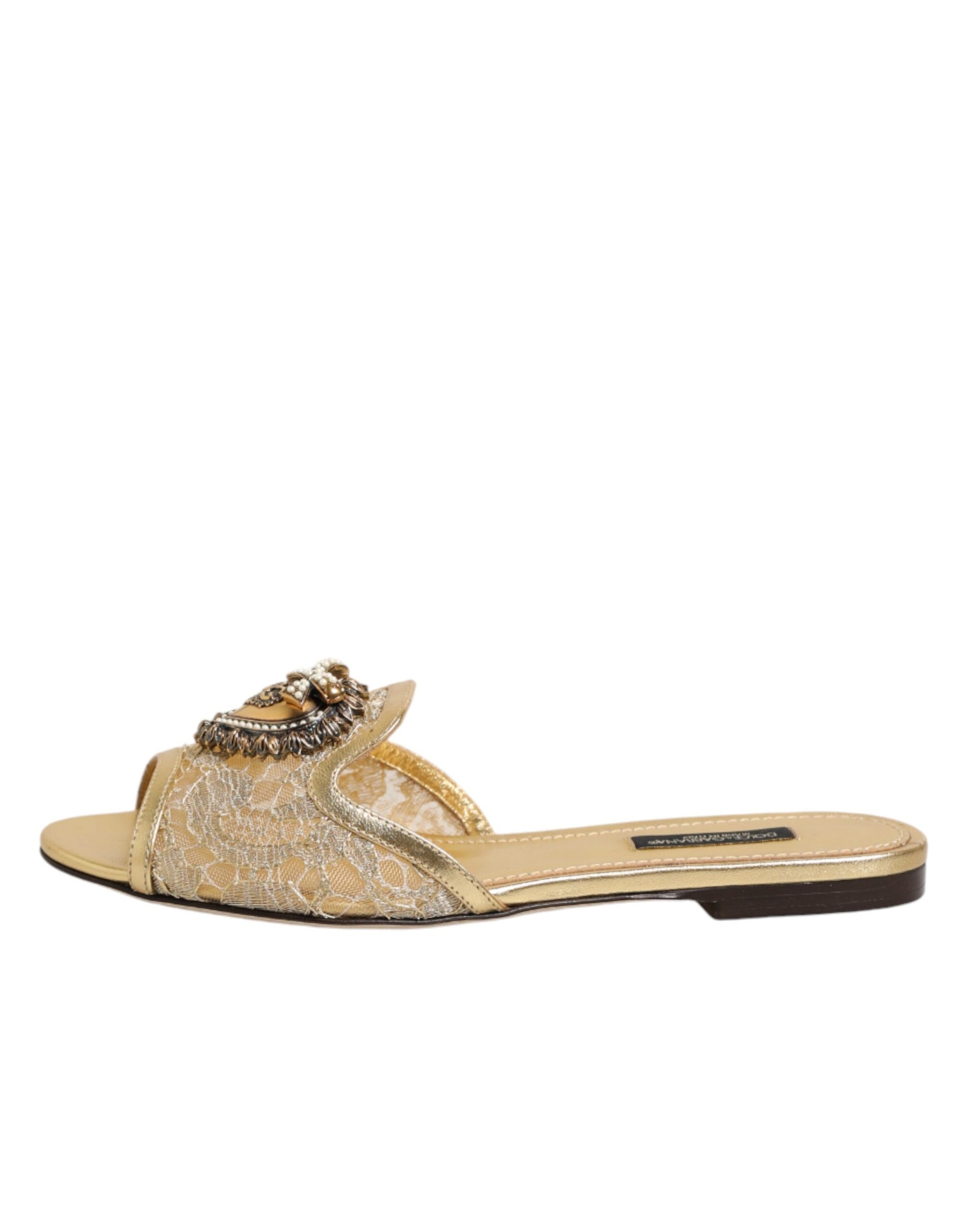 Dolce & Gabbana Gold Devotion Lace Flats Slip On Sandals Shoes | Regal Royce