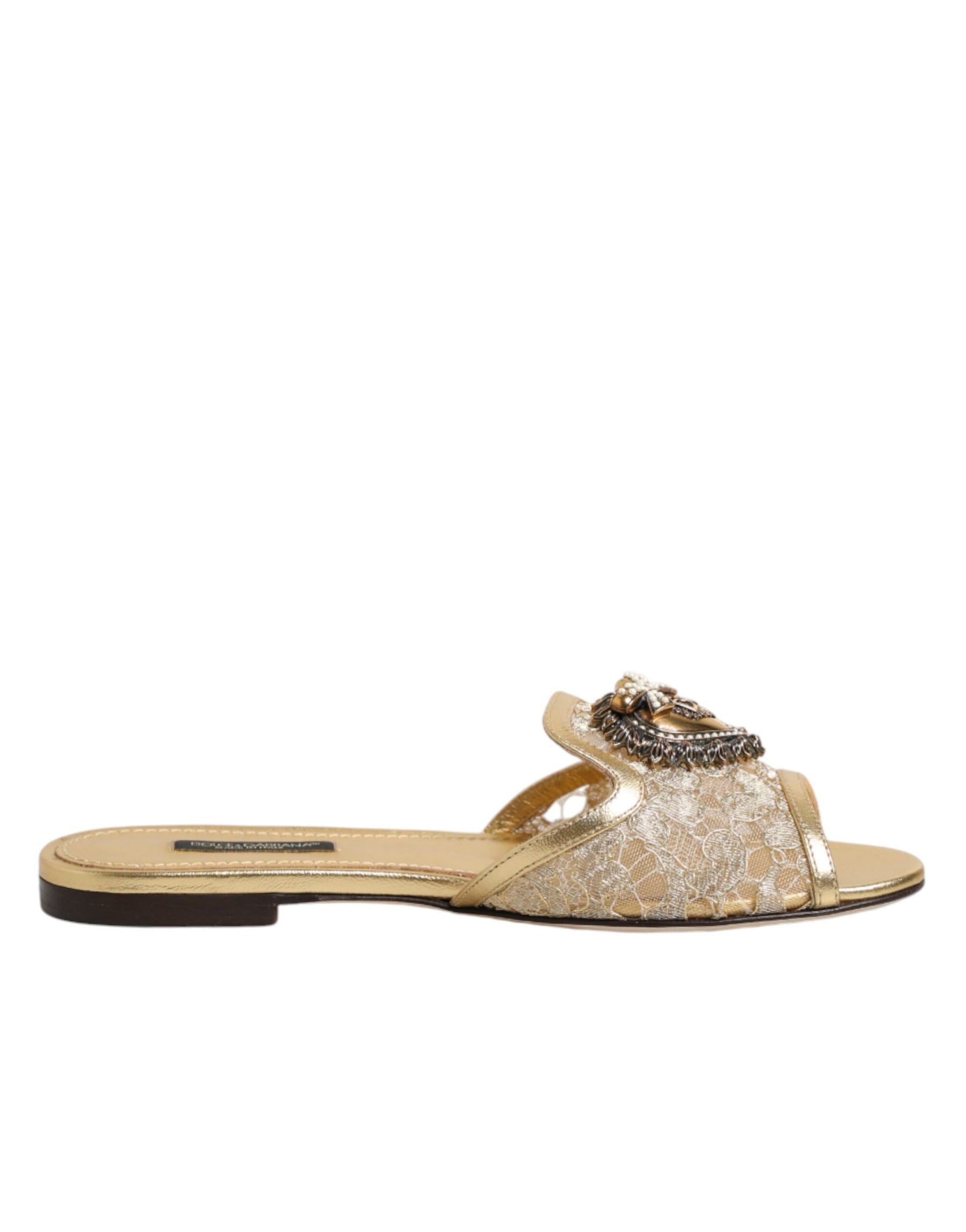 Dolce & Gabbana Gold Devotion Lace Flats Slip On Sandals Shoes | Regal Royce