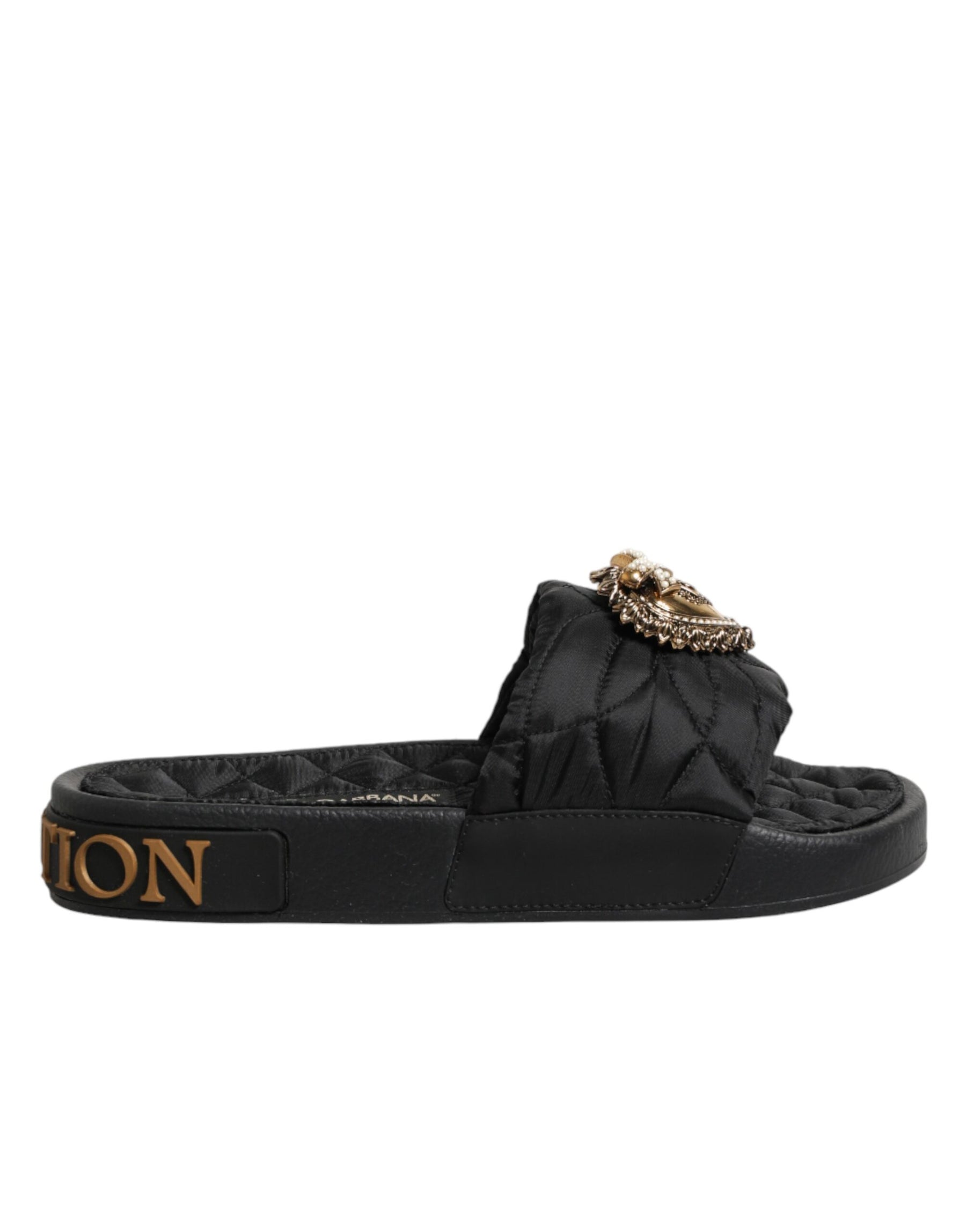 Dolce & Gabbana Black Devotion Matelassé Leather Slides Shoes | Regal Royce