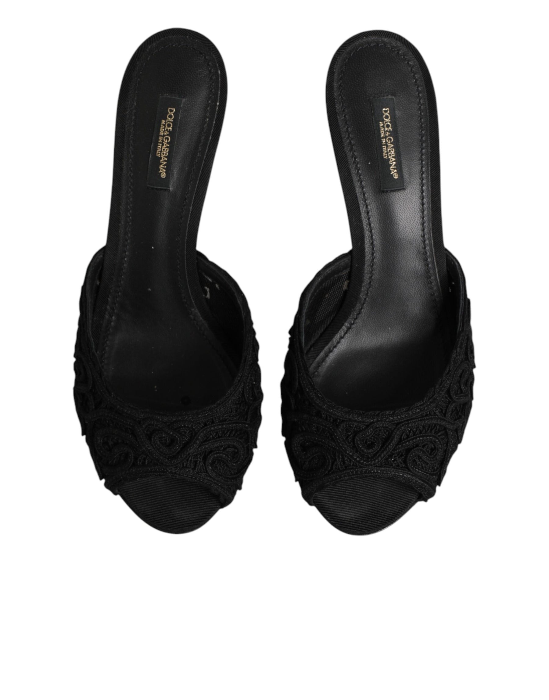 Dolce & Gabbana Black Embroidered Slip On Heels Slides Shoes | Regal Royce