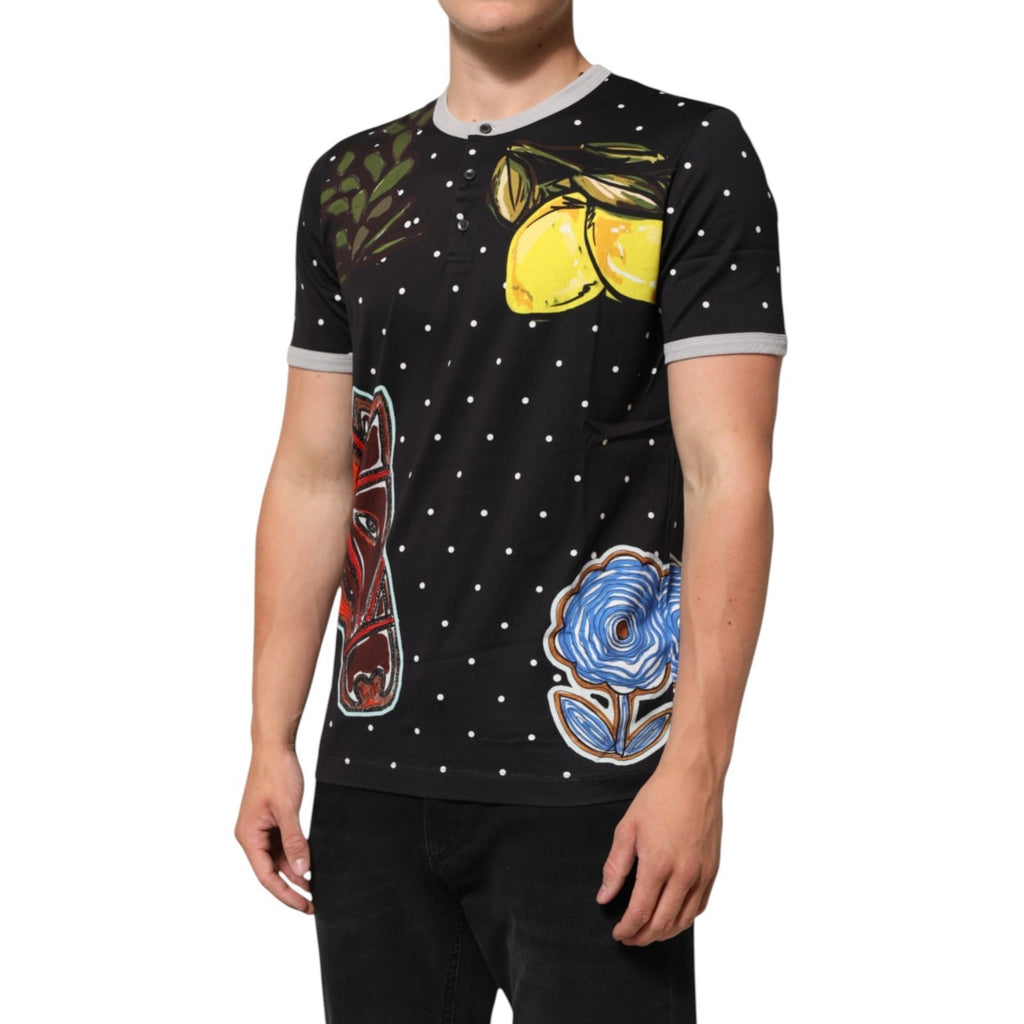Dolce & Gabbana Black Polka Dot Lemons Horse Henley T-Shirt