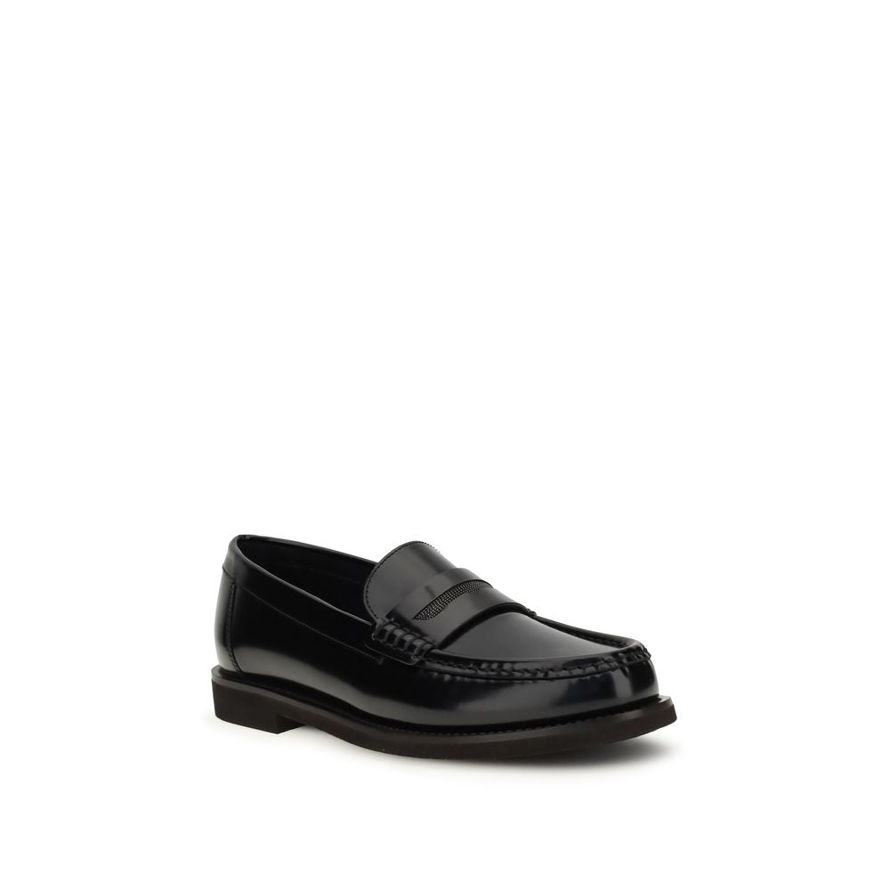 Brunello Cucinelli Black Leather Slip-On Loafers | Regal Royce