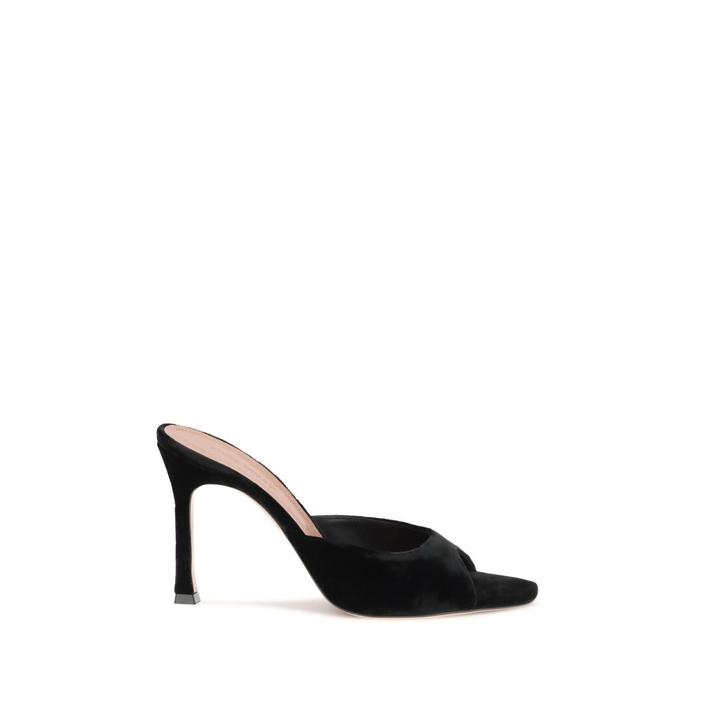 Amina Muaddi Black Leather Stiletto Heel Sandals | Regal Royce