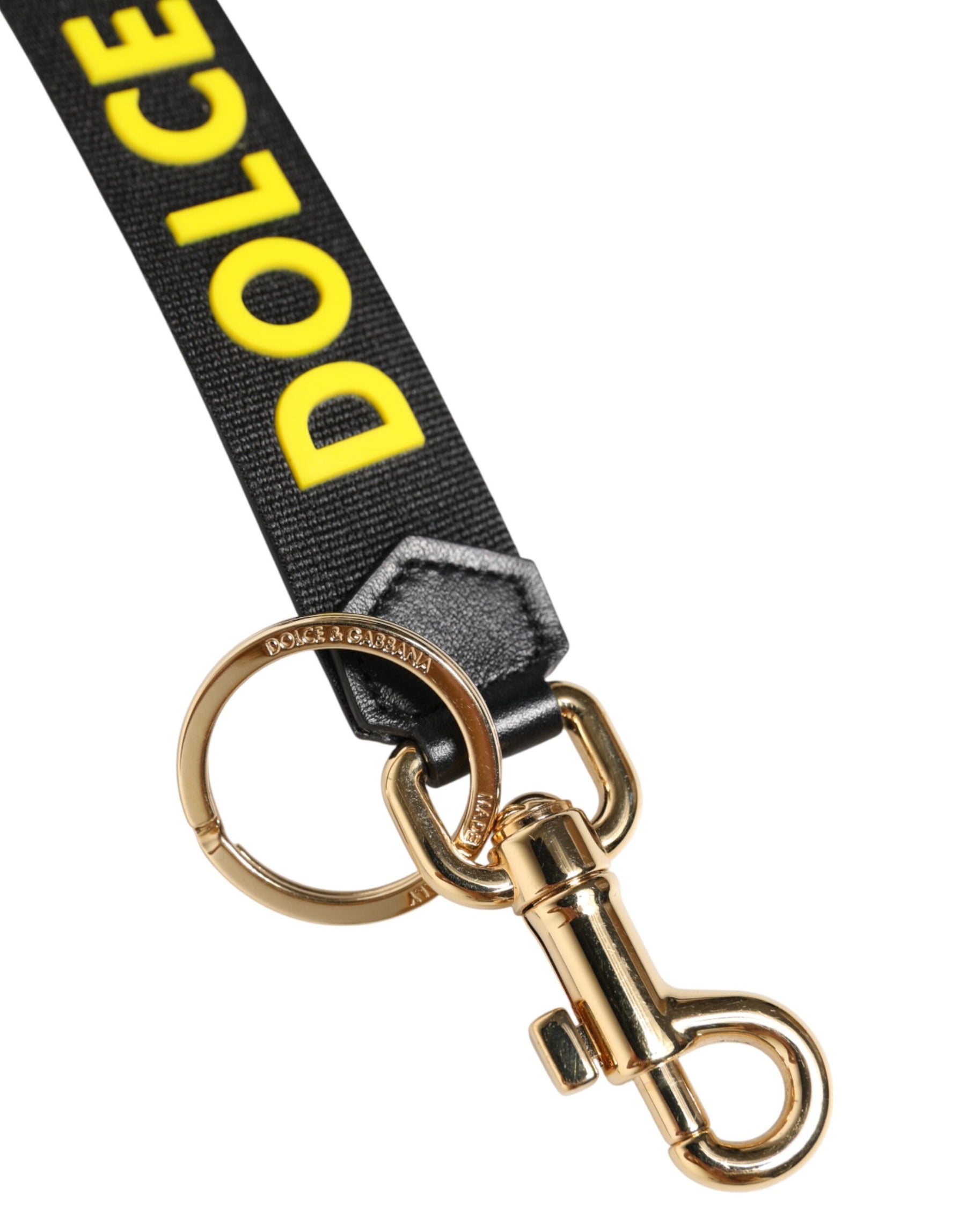 Dolce & Gabbana Black Yellow Logo Letaher Brass Holder Keychain Keyring | Regal Royce