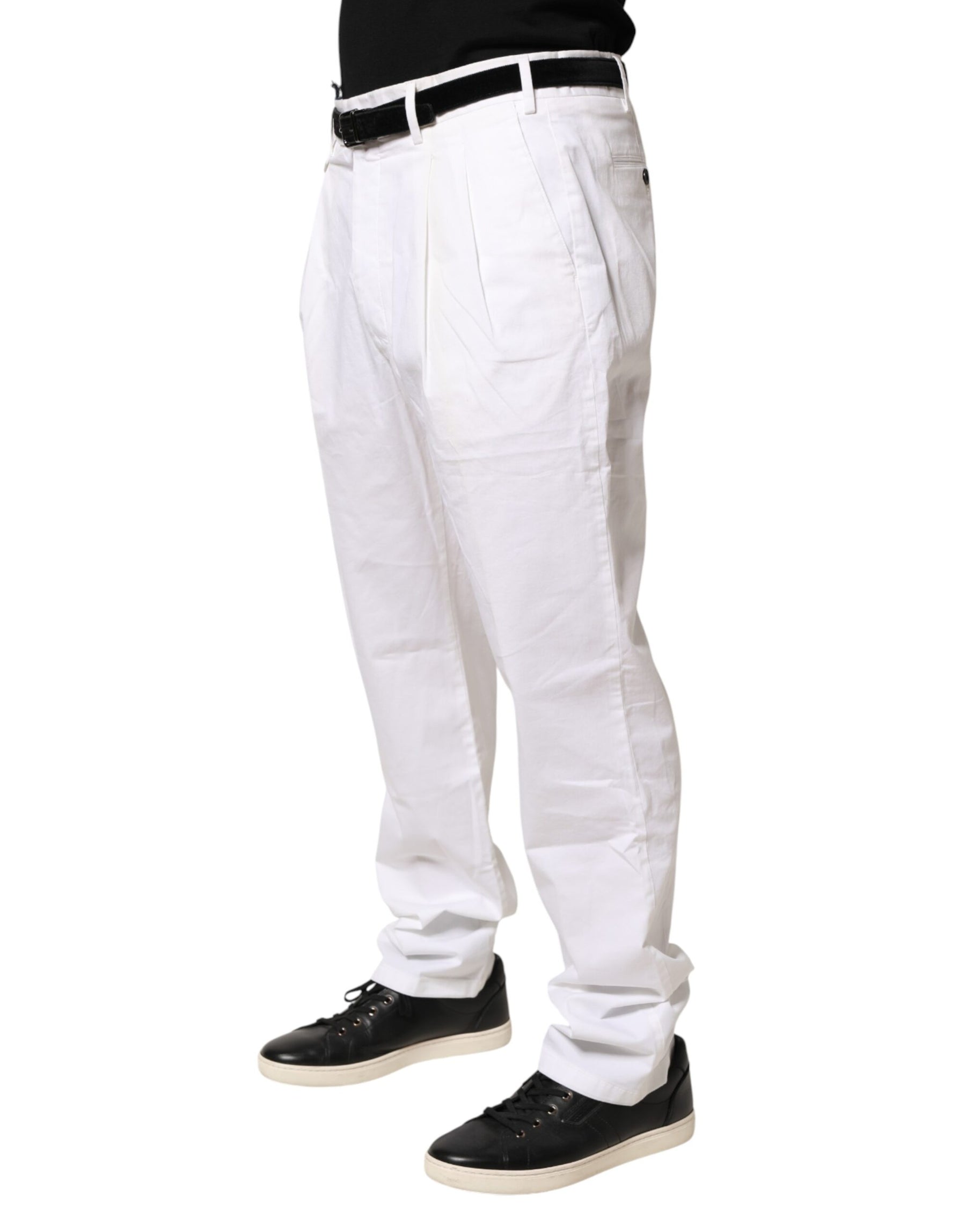 Lardini White Cotton Stretch Tapered Mid Waist Chino Pants | Regal Royce