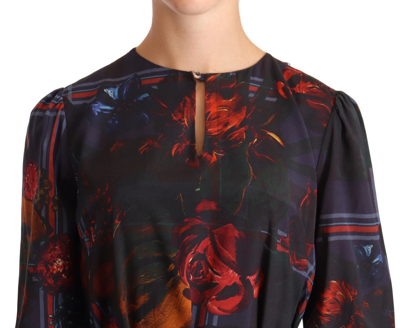 Ballantyne A-line Navy Blue Floral Silk Long Sleeve Knee Length Dress | Regal Royce