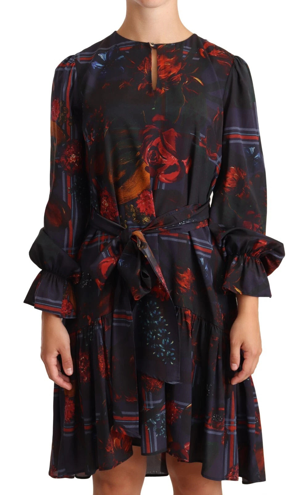 Ballantyne A-line Navy Blue Floral Silk Long Sleeve Knee Length Dress | Regal Royce