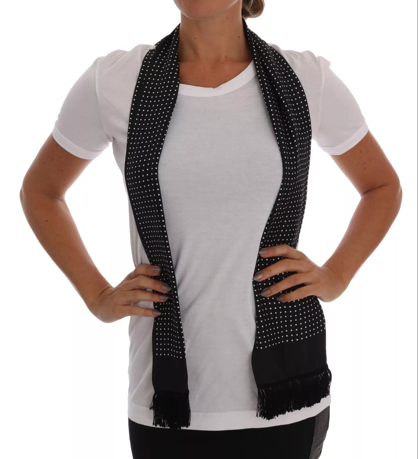 Dolce & Gabbana White Cotton Black Silk Scarf Top T-shirt | Regal Royce