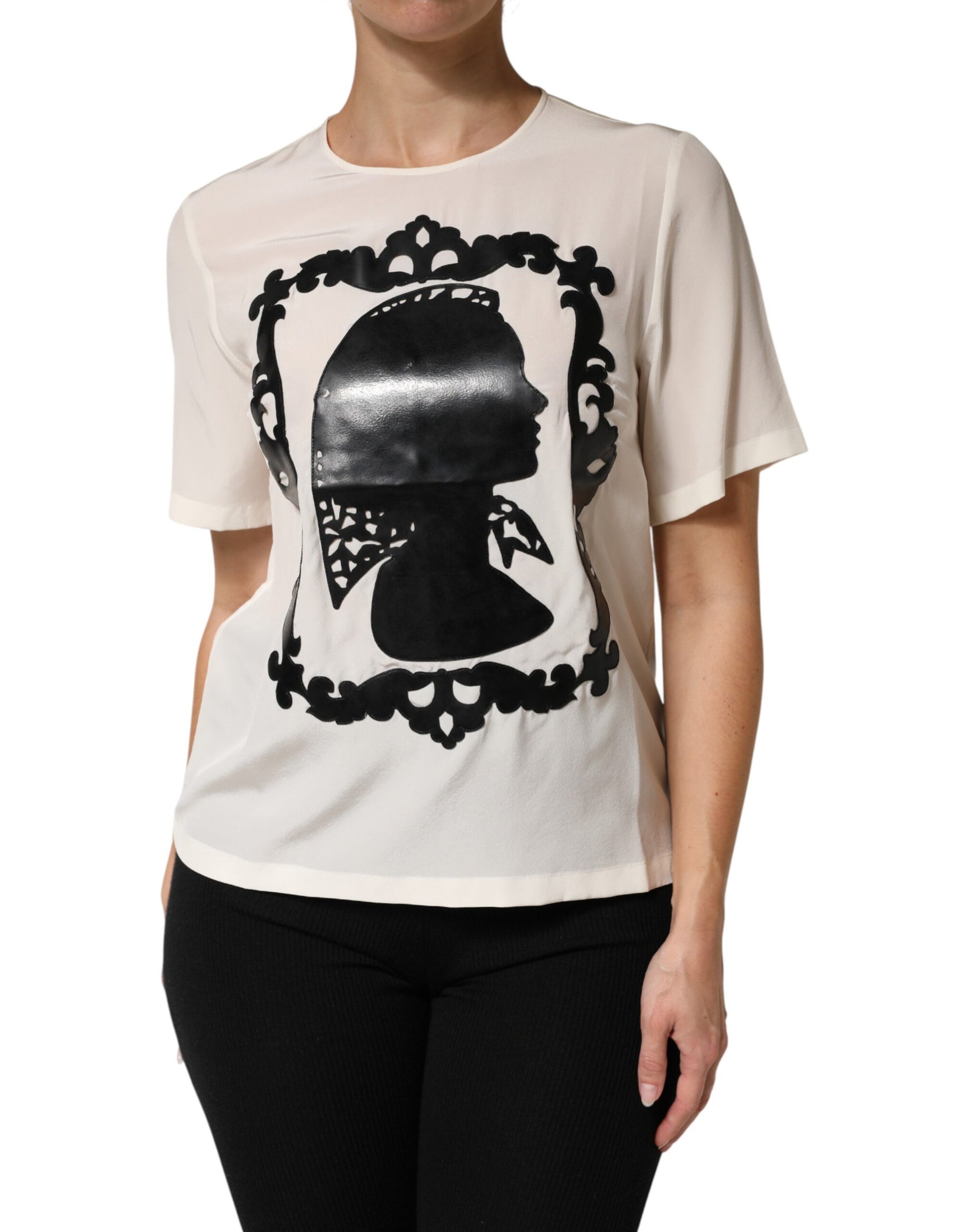 Dolce & Gabbana Cream Silk Silhouette Detail Short Sleeve Top | Regal Royce