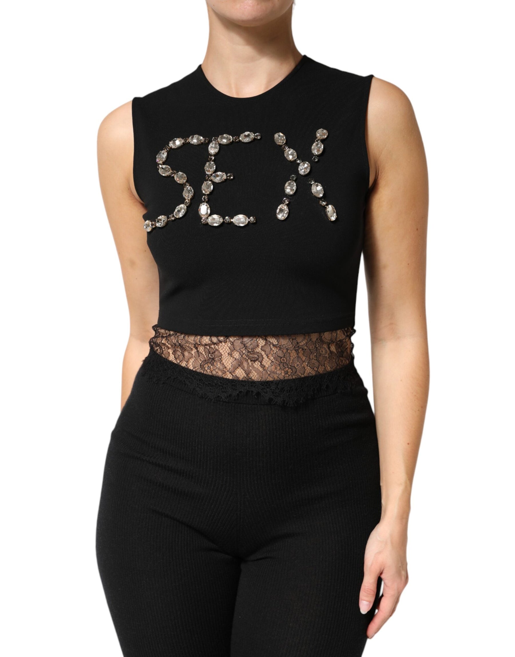 Dolce & Gabbana Black Jersey Lace Ruching Rhinestone Tank Top | Regal Royce