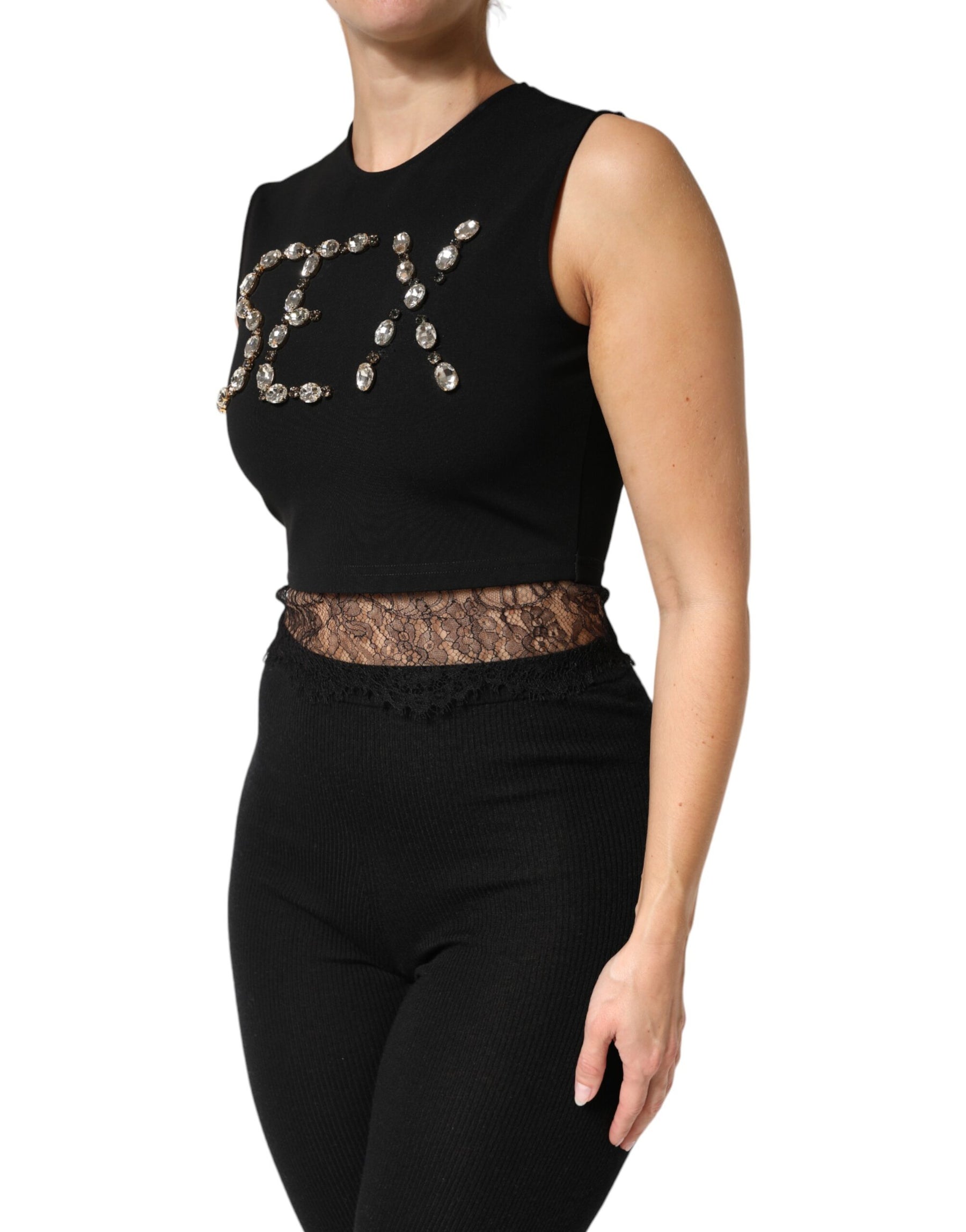 Dolce & Gabbana Black Jersey Lace Ruching Rhinestone Tank Top | Regal Royce