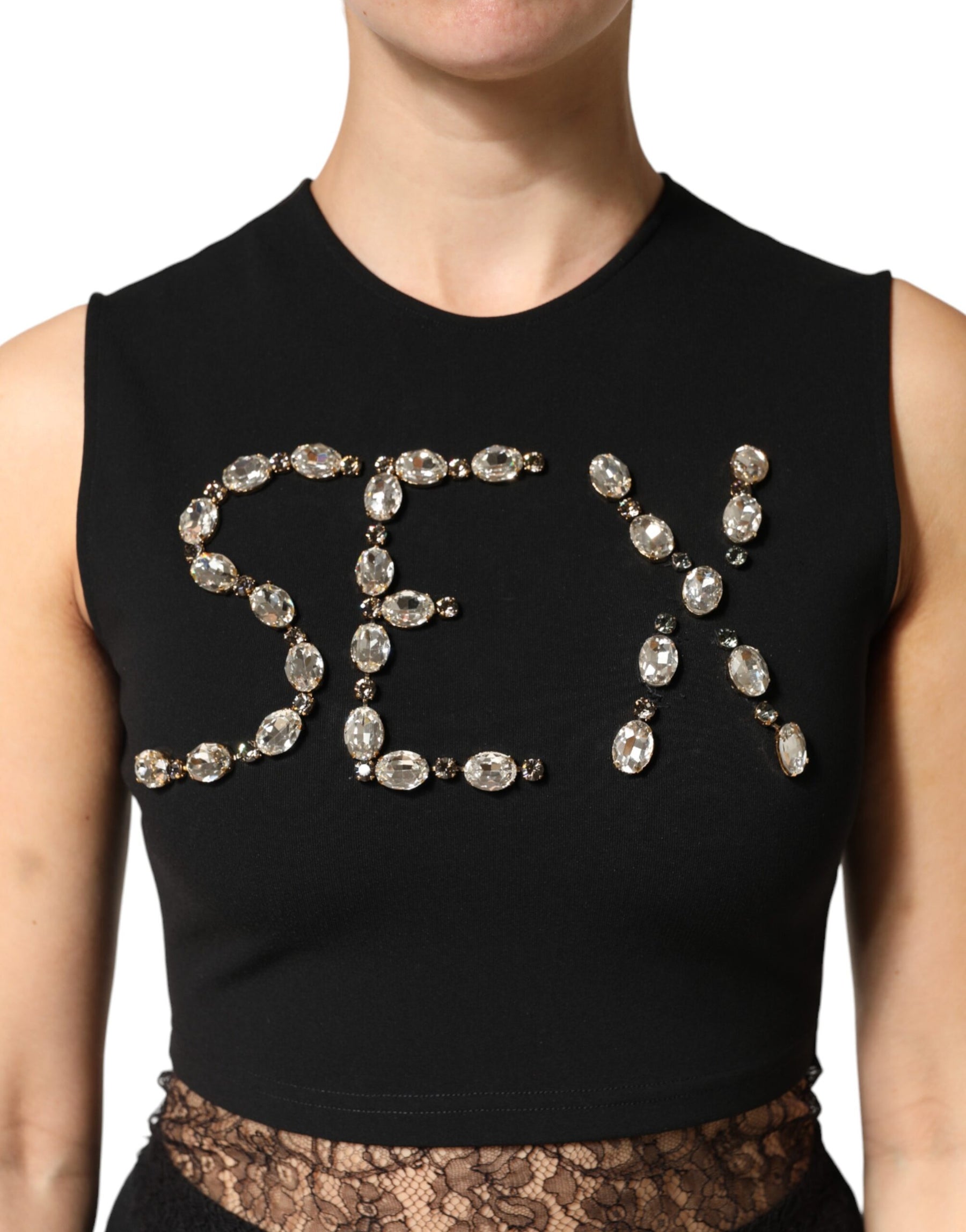 Dolce & Gabbana Black Jersey Lace Ruching Rhinestone Tank Top | Regal Royce