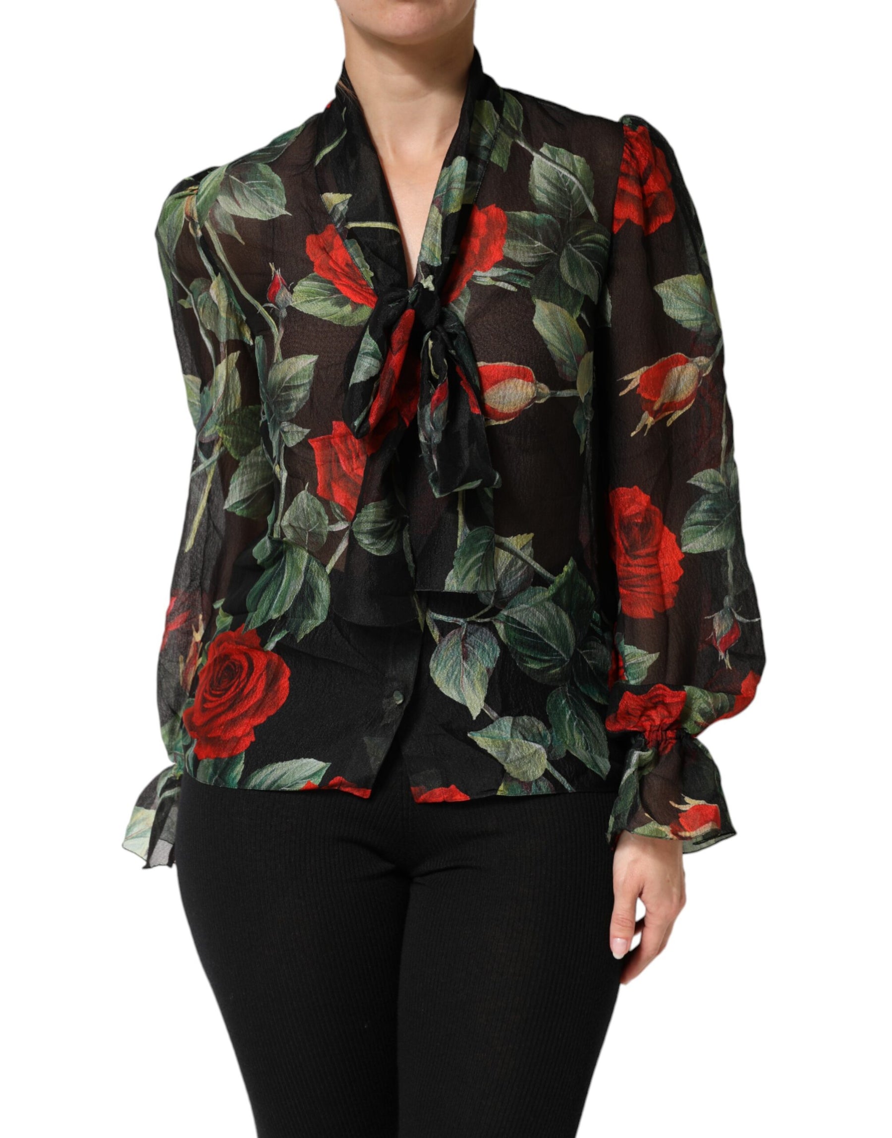 Dolce & Gabbana Black Floral Long Sleeves Silk Blouse Top | Regal Royce