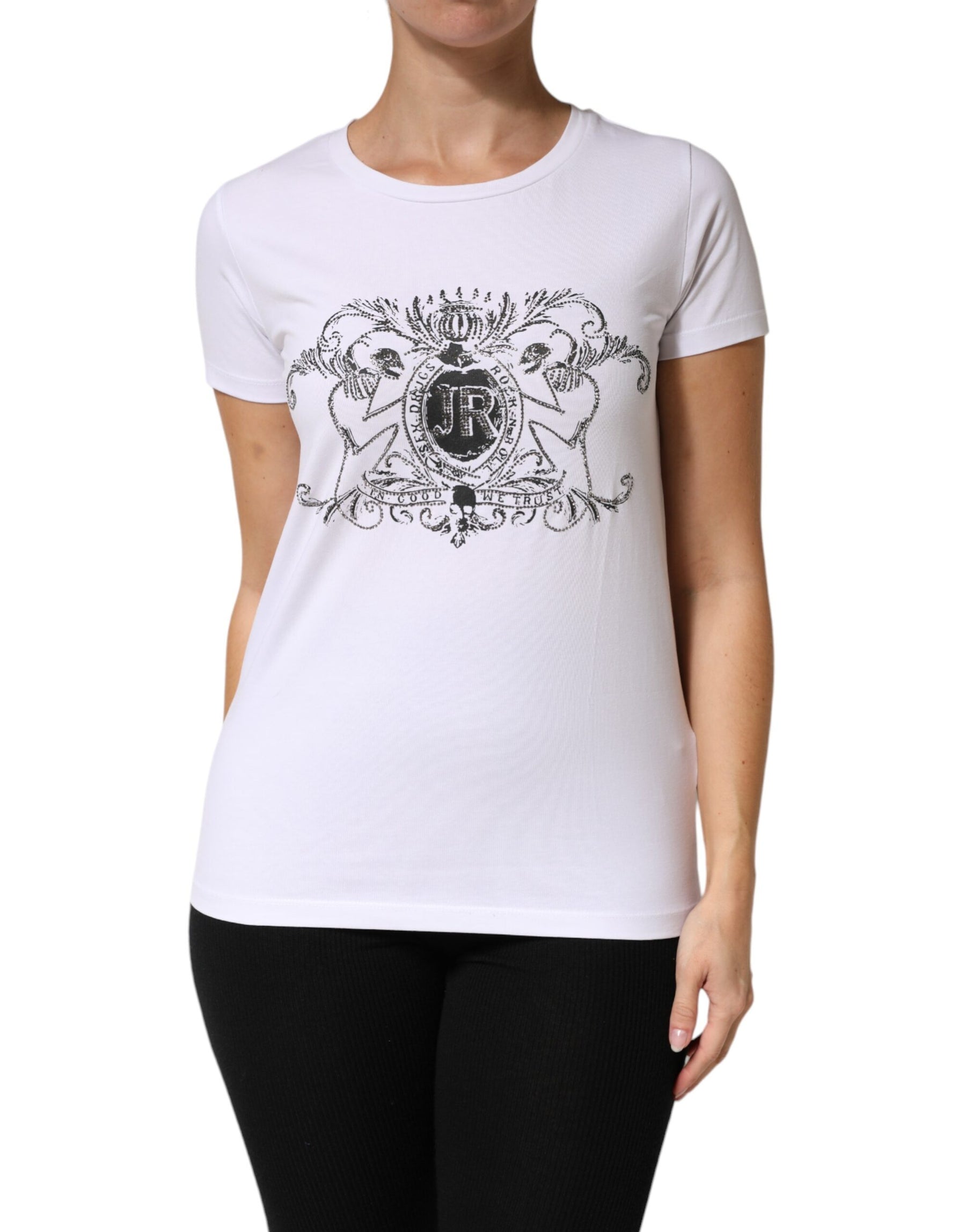 John Richmond White Printed Cotton Stretch Crew Neck T-shirt | Regal Royce
