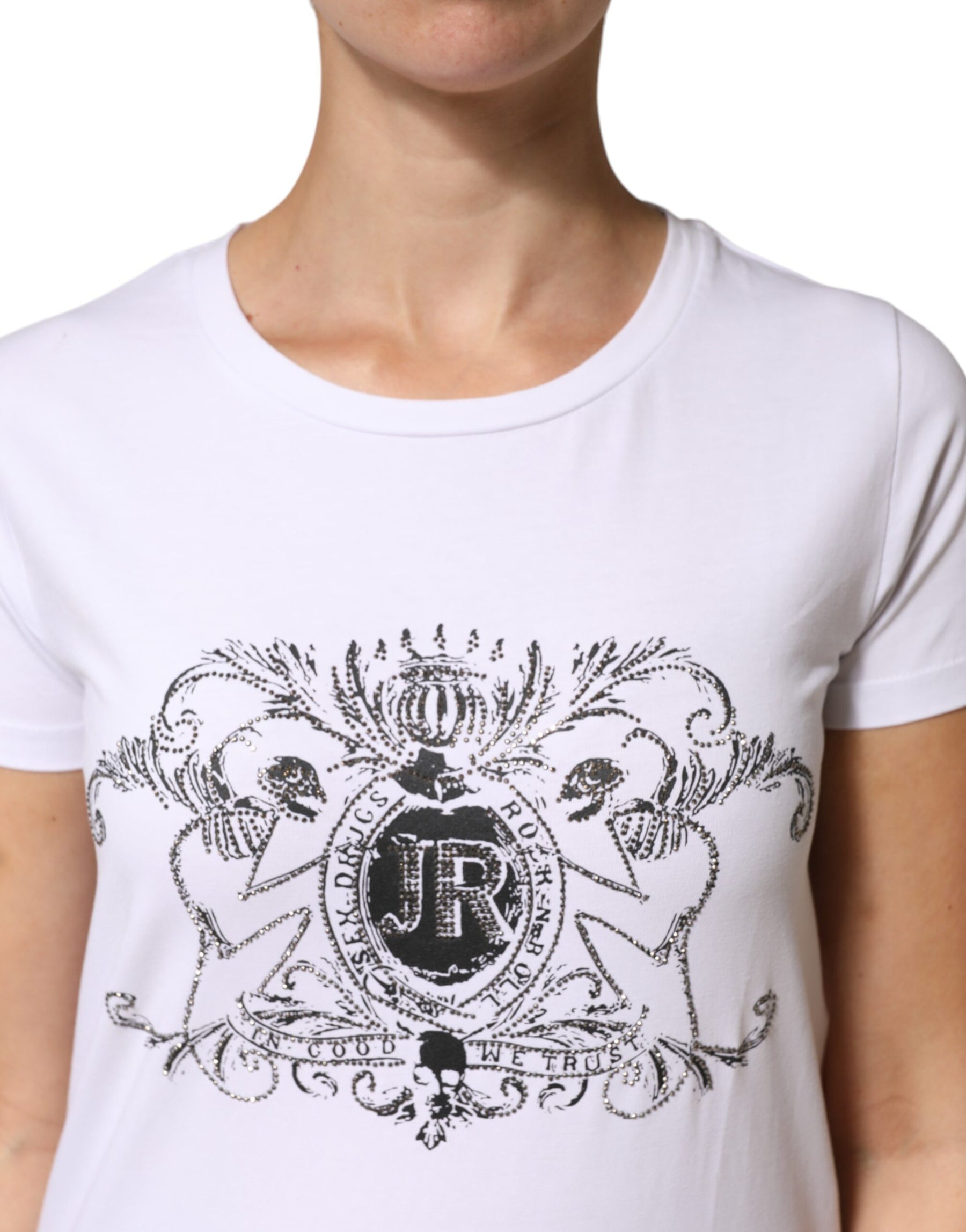 John Richmond White Printed Cotton Stretch Crew Neck T-shirt | Regal Royce