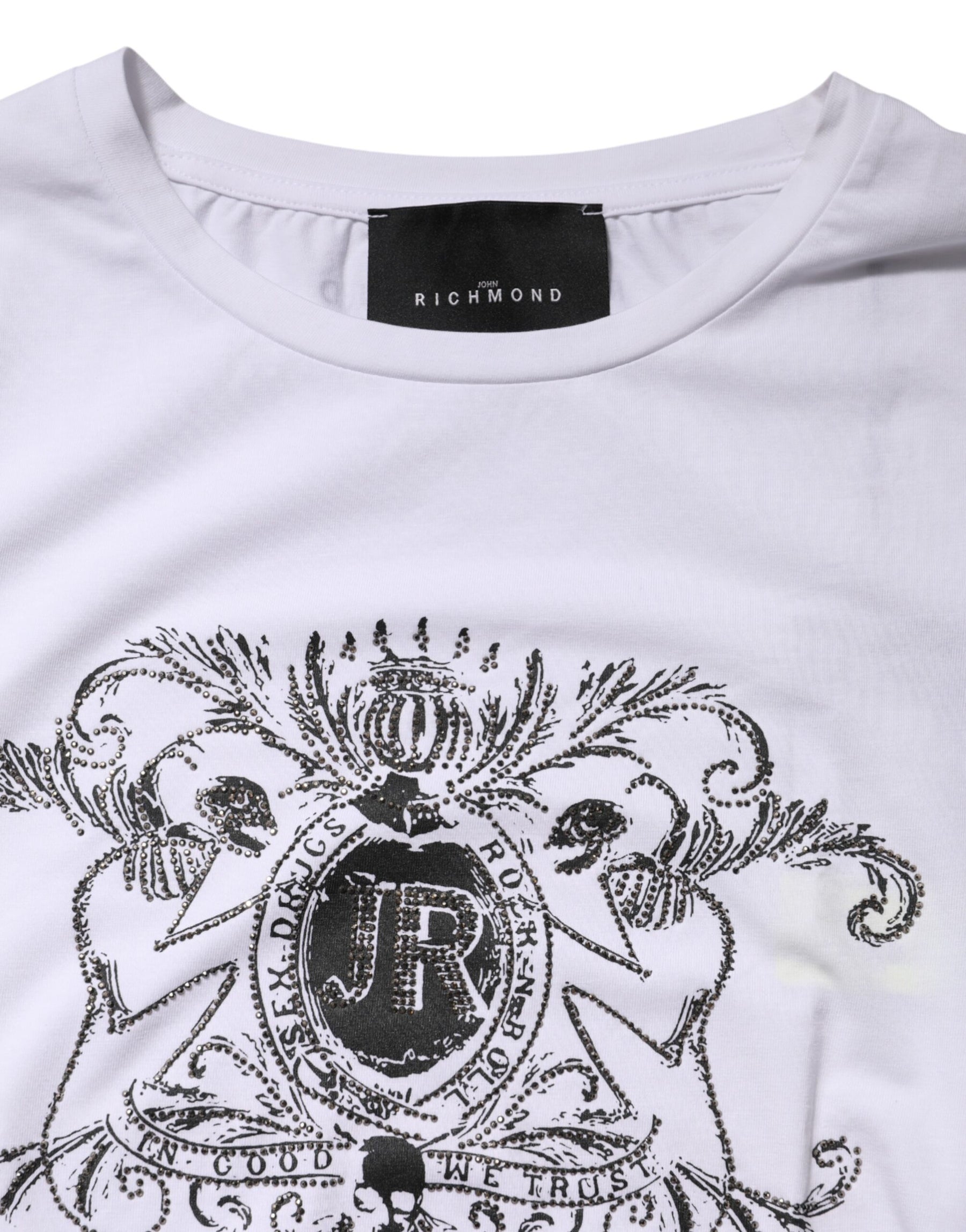 John Richmond White Printed Cotton Stretch Crew Neck T-shirt | Regal Royce