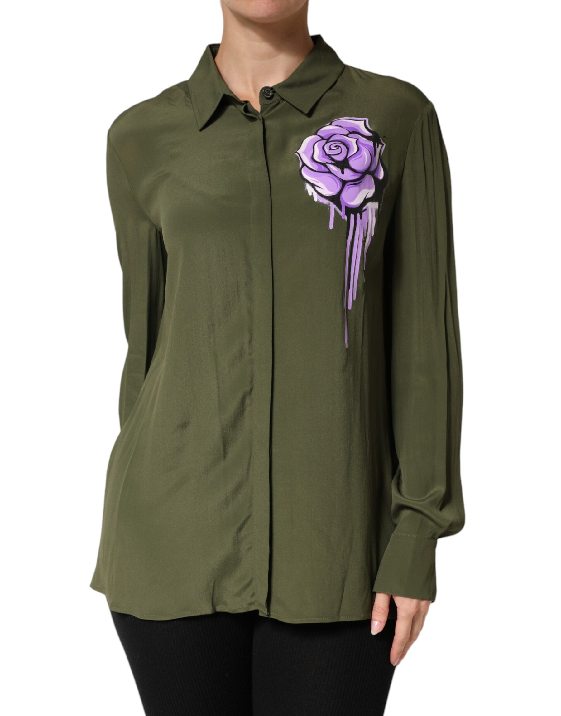Boutique Moschino Top Green Acetate Collared Long Sleeves Floral Top | Regal Royce