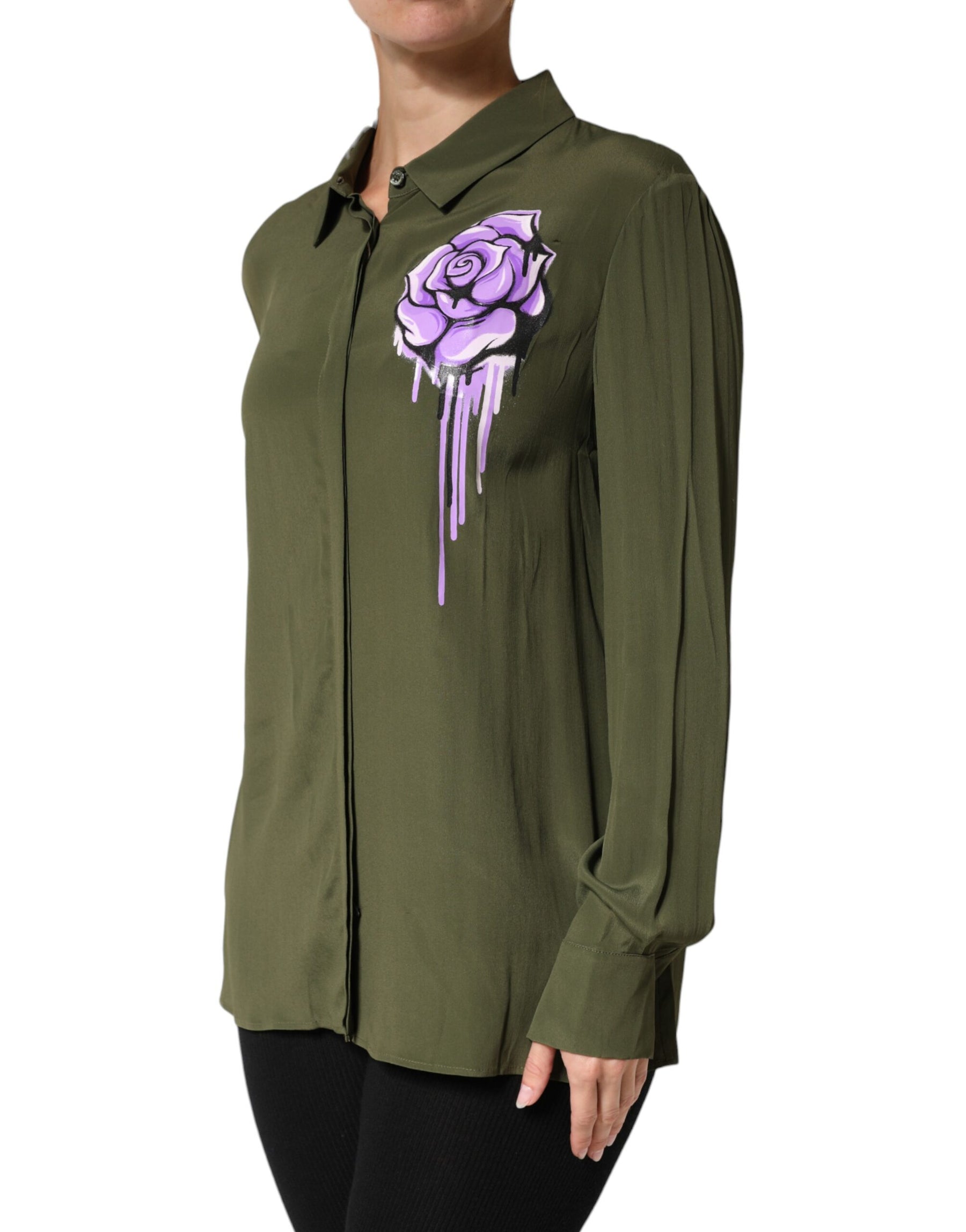 Boutique Moschino Top Green Acetate Collared Long Sleeves Floral Top | Regal Royce